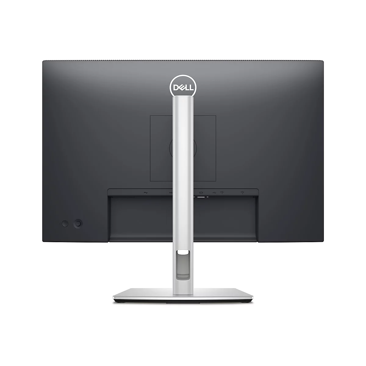 Rückseite eines schwarzen Dell-Monitors mit silberfarbenem Standfuß und Dell-Logo.