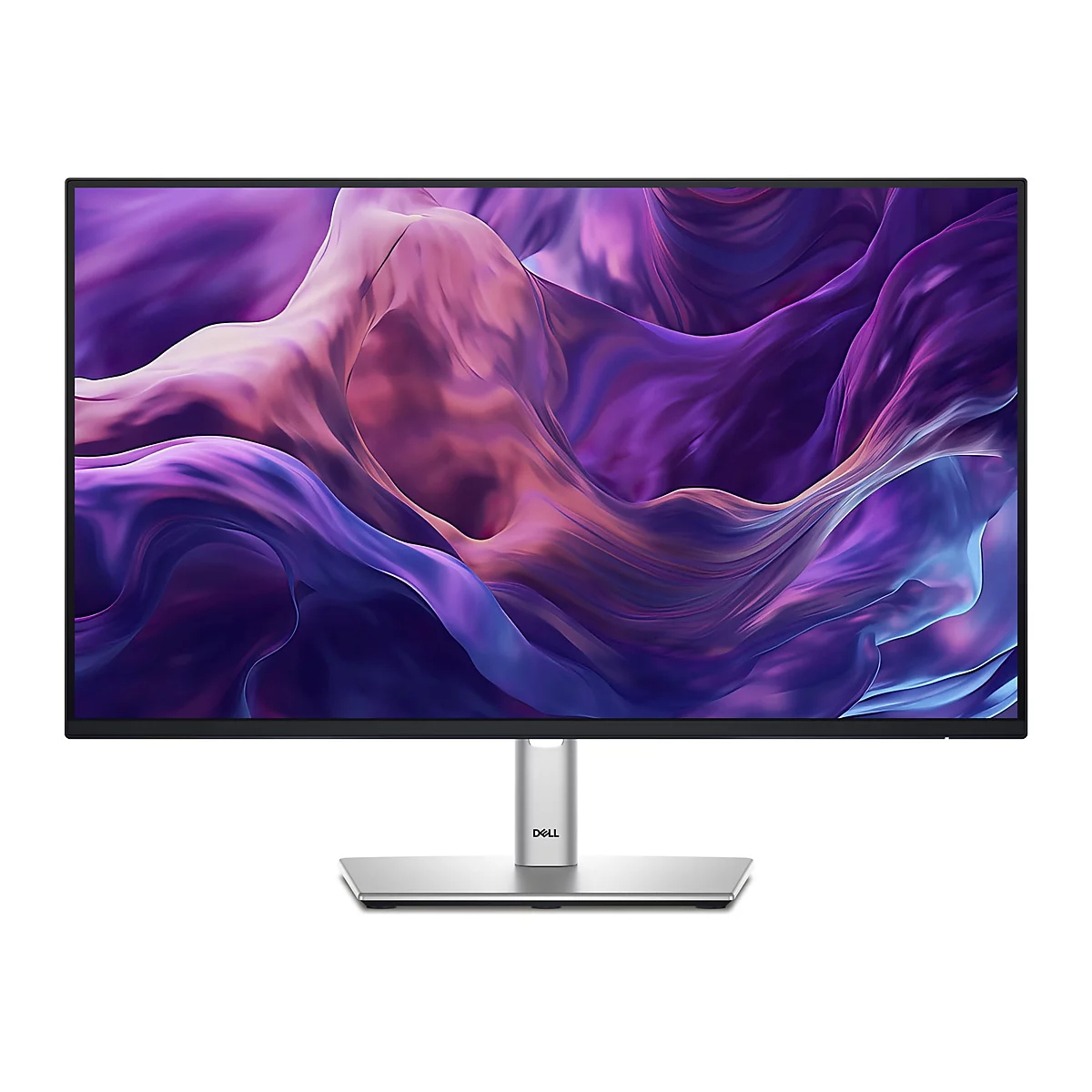 Ein Dell Monitor mit einem lila-blauen, abstraktem Hintergrund. Der Monitor steht auf einem silberfarbenen Fuß. Auf dem Fuß ist der Schriftzug "Dell" zu sehen.