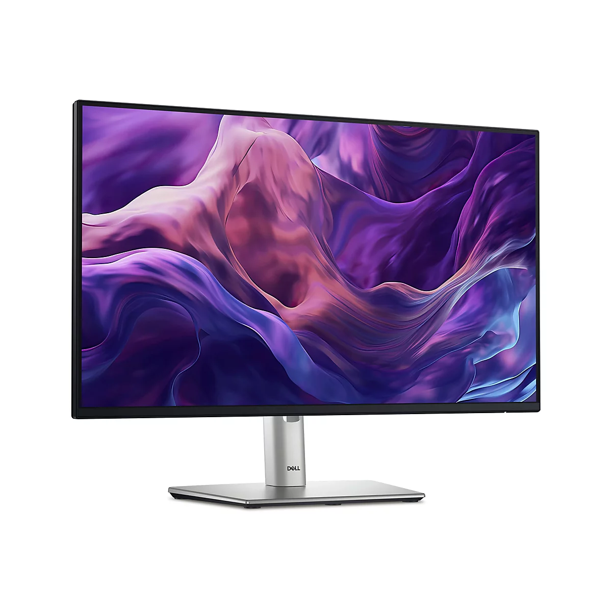 Ein Dell Monitor mit einem lila-blauen, abstrakten Hintergrund. Der Monitor steht auf einem silbernen Ständer und hat einen schmalen schwarzen Rahmen.
