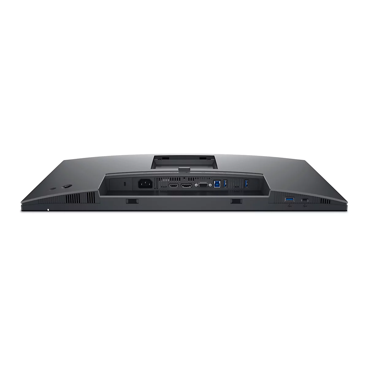Rückseite eines schwarzen Monitors mit Anschlüssen, u.a. für Strom, HDMI und USB. Der Monitor ist vor weißem Hintergrund abgebildet.