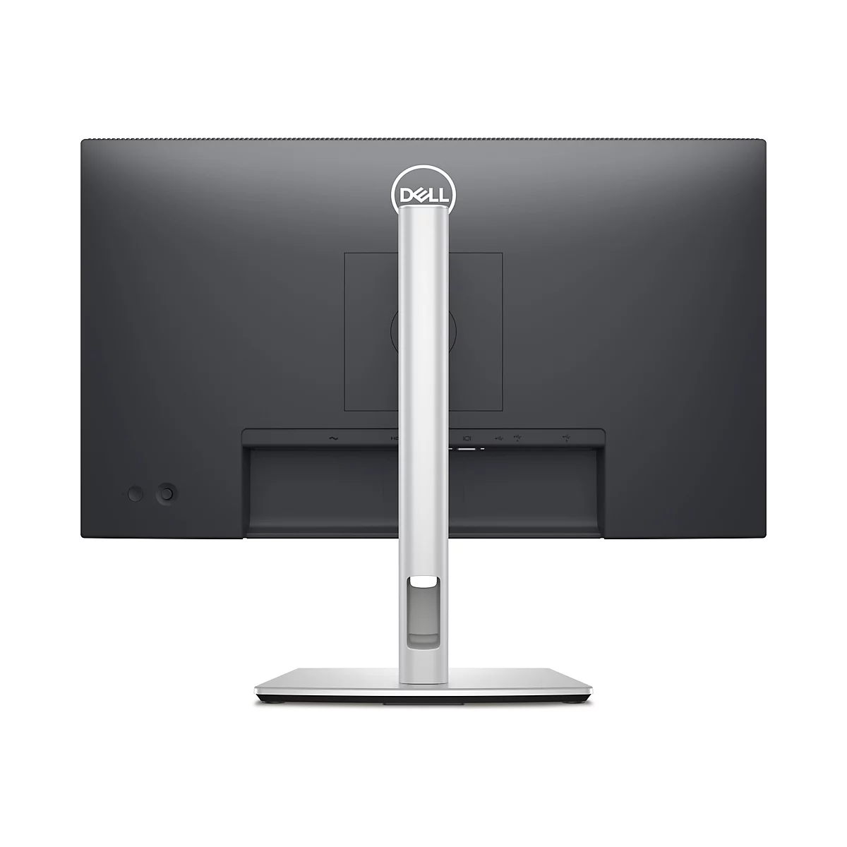 Rückseite eines schwarzen Dell-Monitors, der von einem silbernen Ständer gehalten wird. Das Dell-Logo ist oben zentriert.
