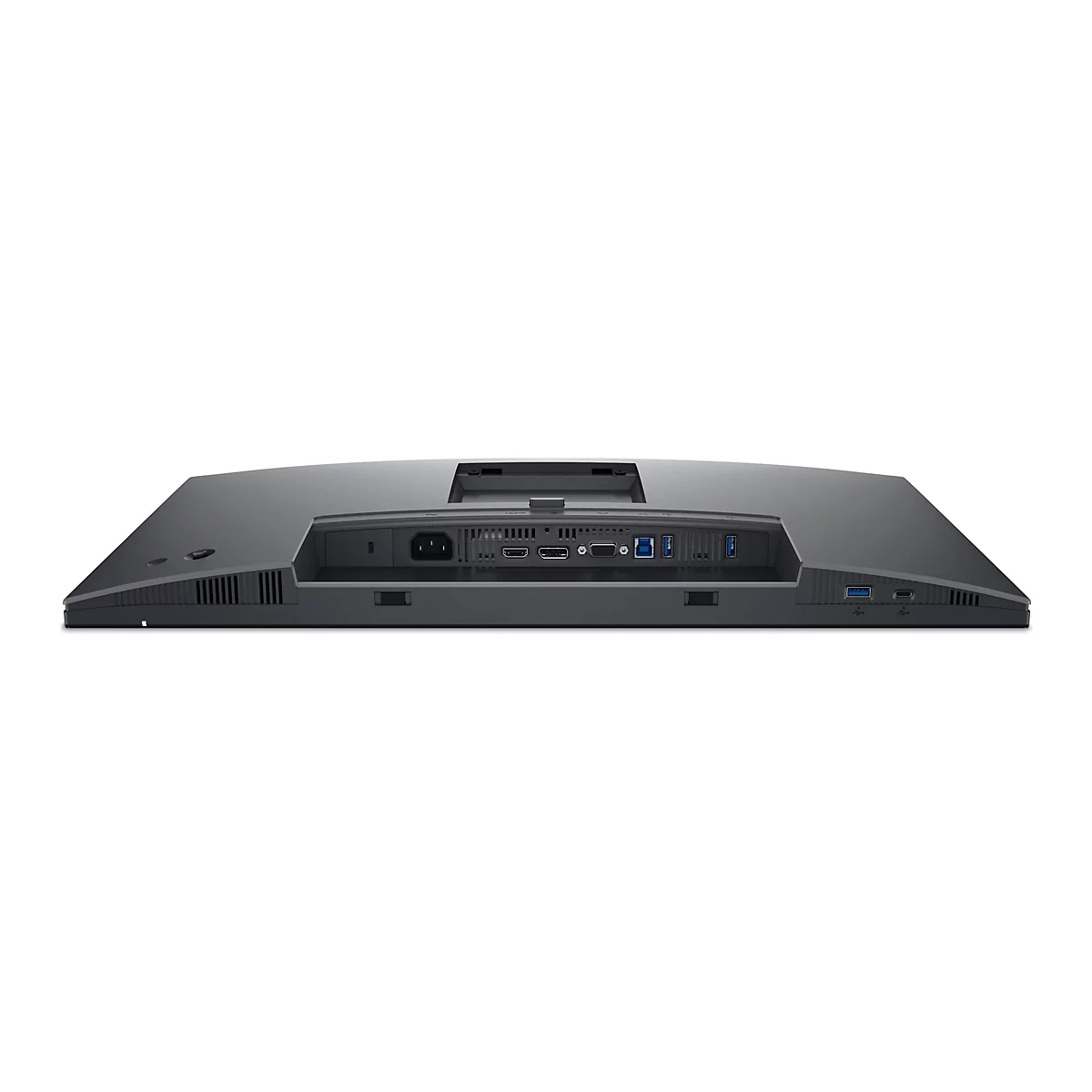 Rückseite eines schwarzen Monitors mit Anschlüssen, u.a. für Strom, HDMI und USB, vor weißem Hintergrund.