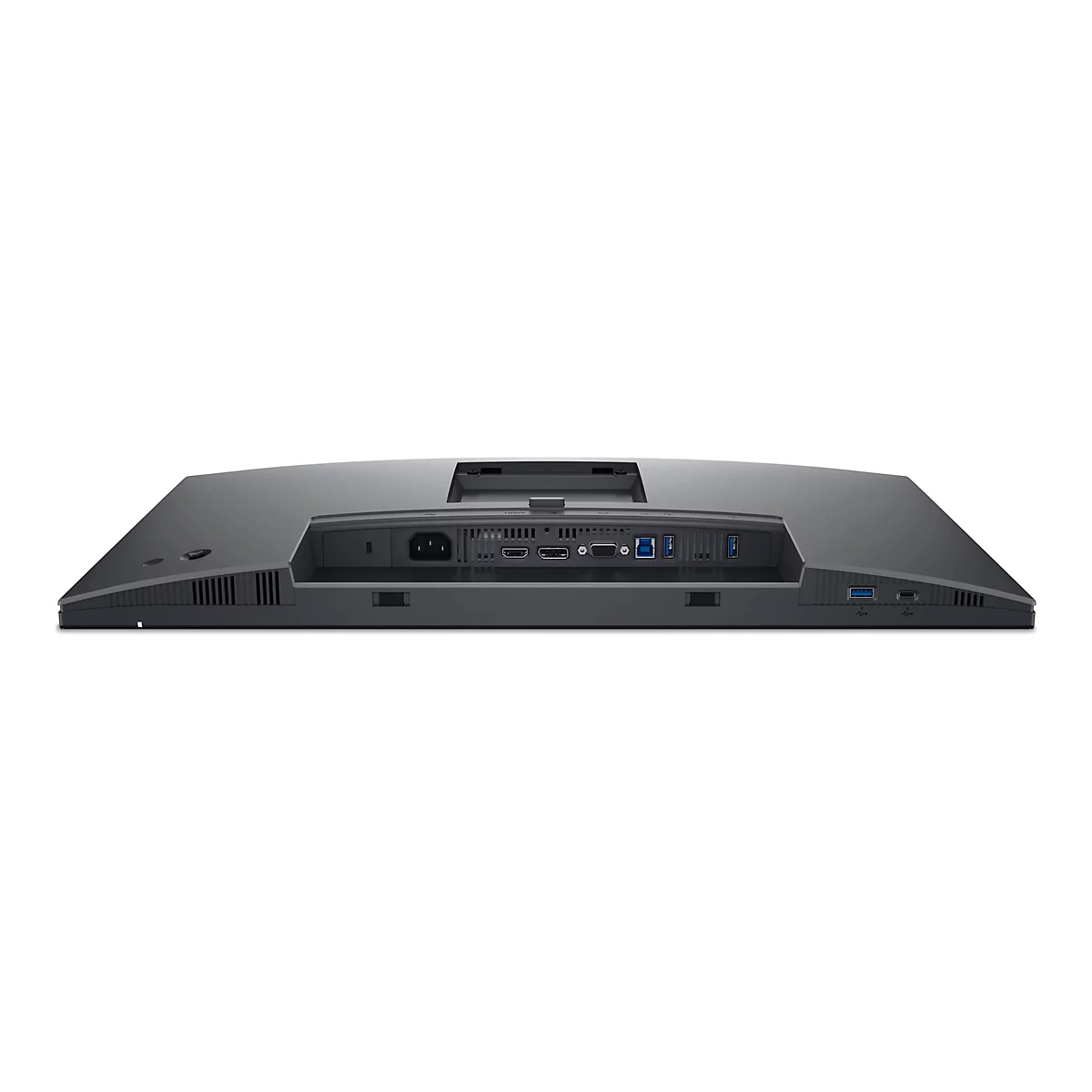 Rückseite eines schwarzen Monitors mit Anschlüssen für Strom, HDMI, USB und mehr.