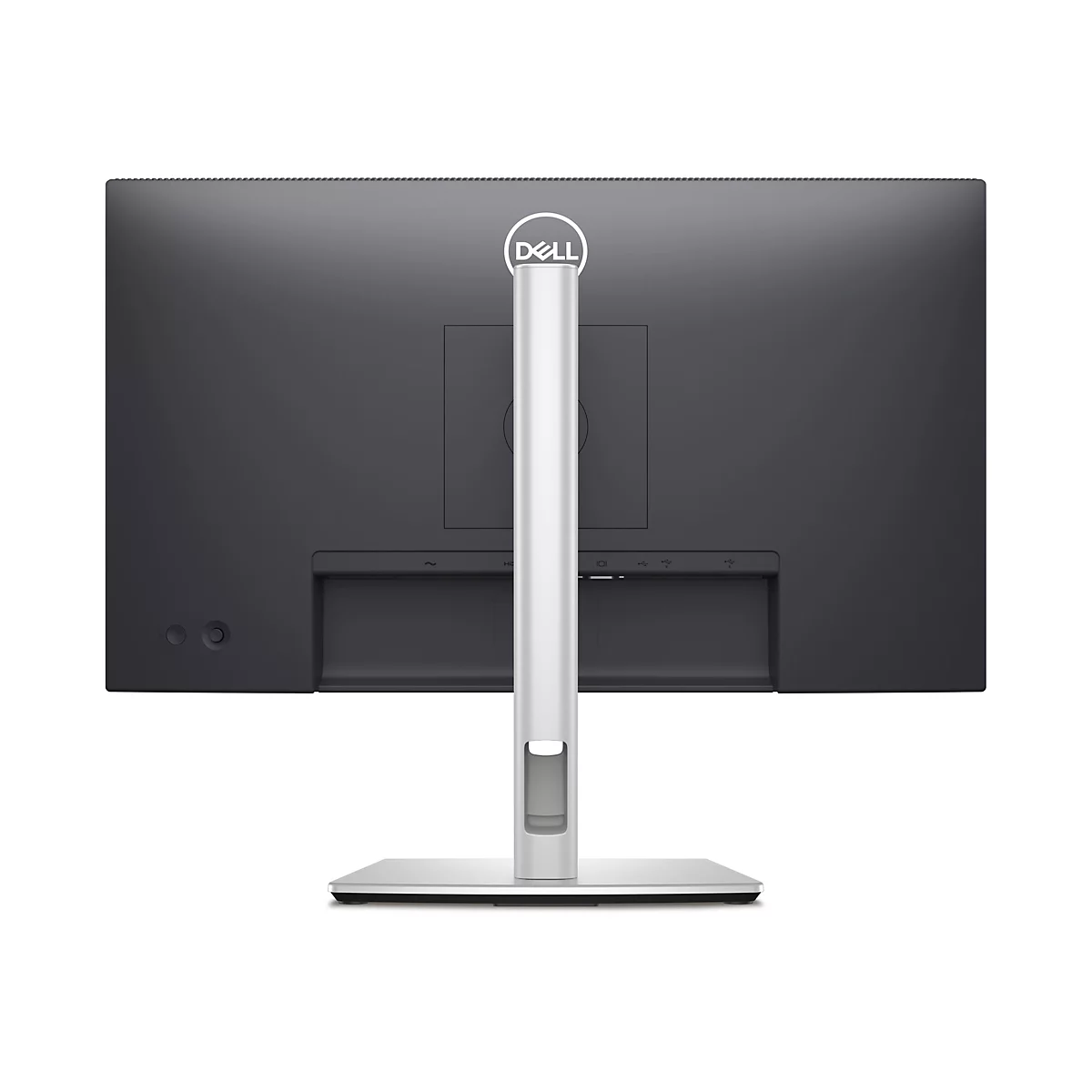 Rückansicht eines schwarzen Dell Monitors mit weißem Logo und silbernem Standfuß. Die Anschlüsse sind zu sehen.