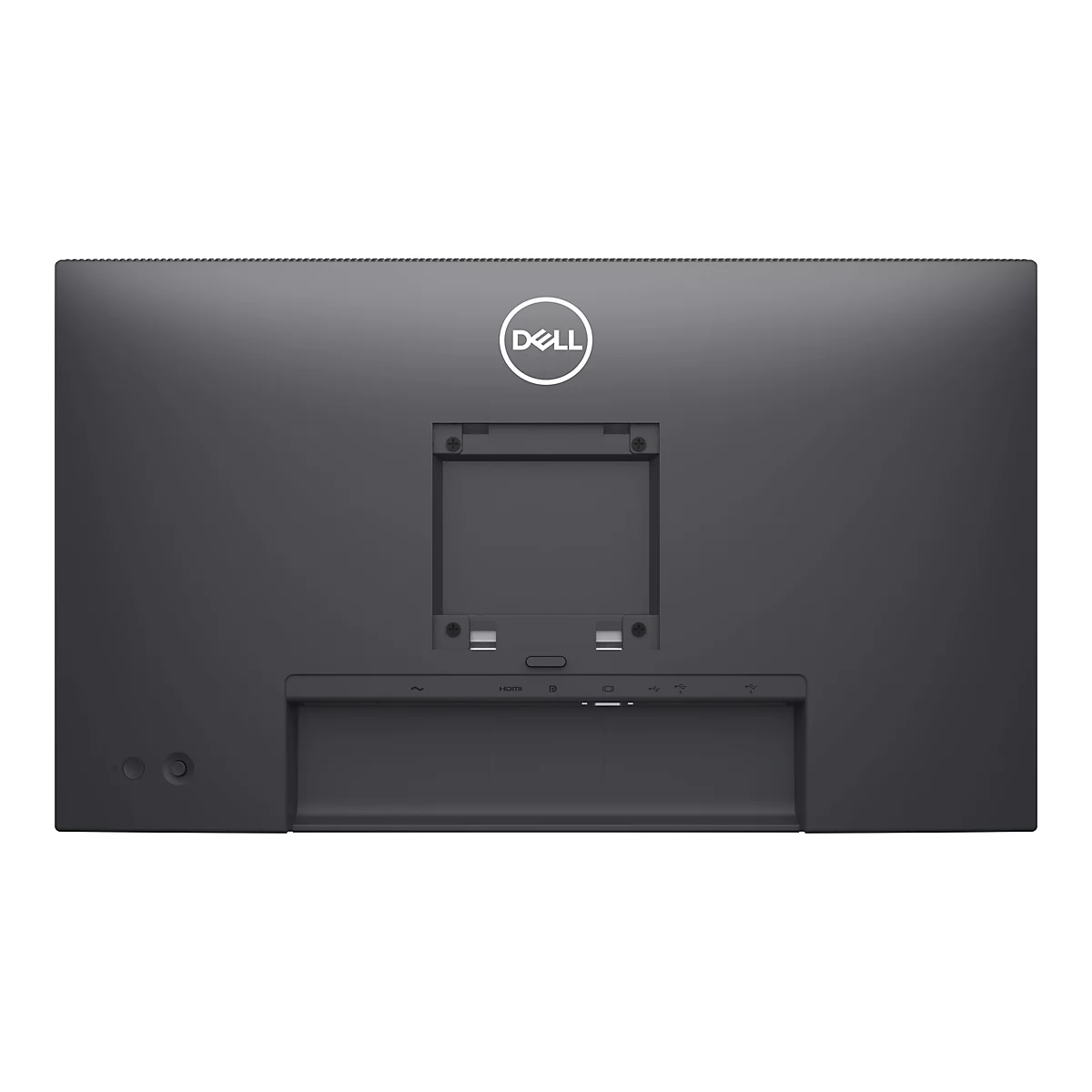 Rückseite eines schwarzen Dell Monitors. Das Dell-Logo ist mittig platziert. Anschlüsse sind unterhalb.