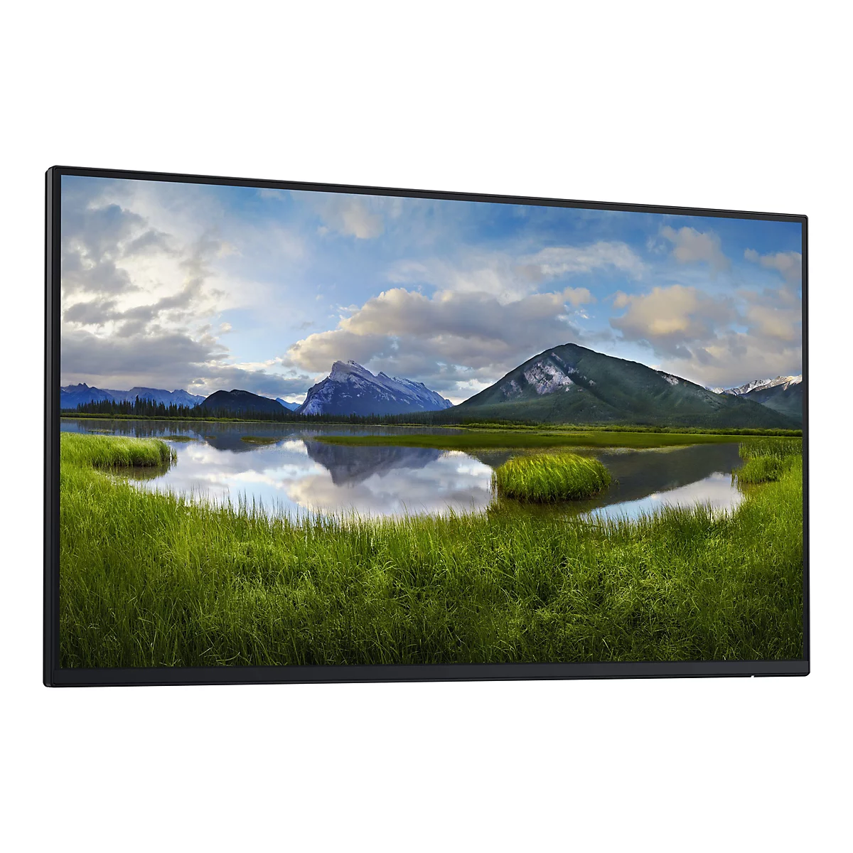 Ein rechteckiger Bildschirm zeigt eine Landschaft mit Bergen, Wasser und Gras. Der Himmel ist blau mit Wolken, die sich im Wasser spiegeln.