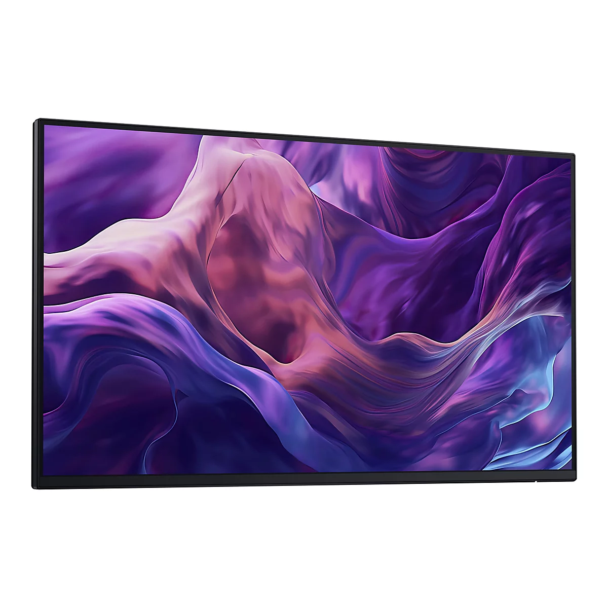 Un écran rectangulaire avec un cadre noir, affichant un motif abstrait en violet, rose et bleu.