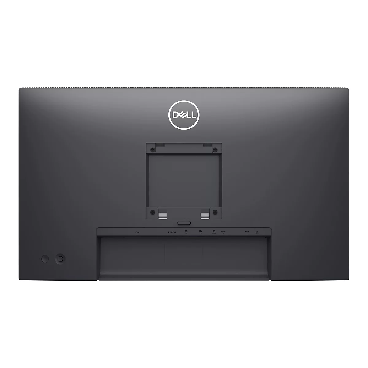 Rückseite eines schwarzen Dell Monitors. Oben mittig das Dell Logo. Anschlüsse unten.