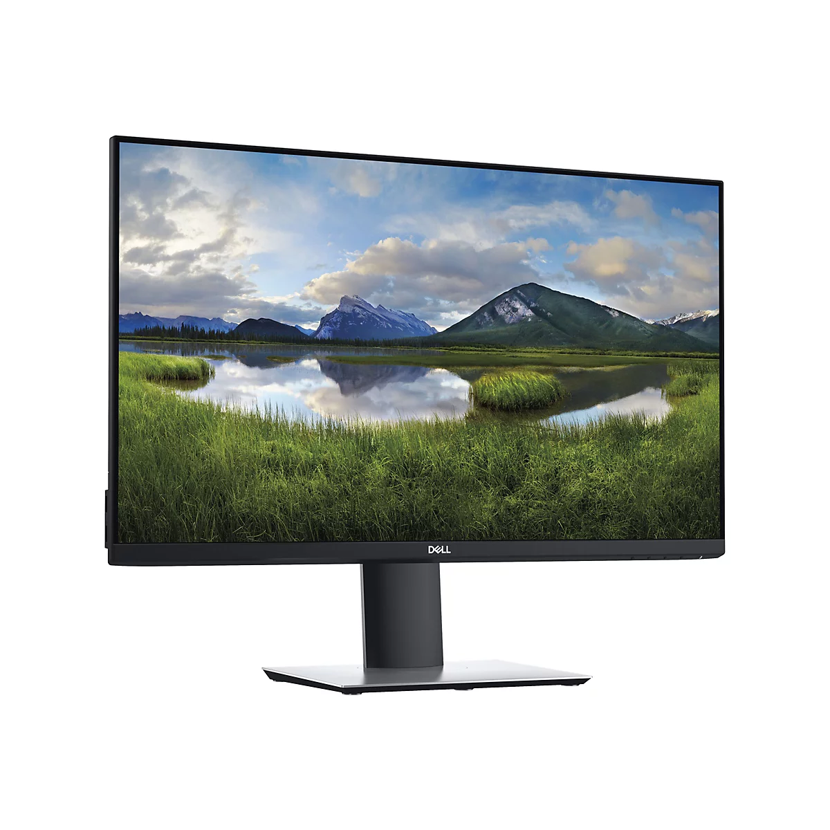 Schwarzer Dell-Monitor mit Landschaft auf dem Bildschirm. Der Monitor steht auf einem schwarzen StandfuÃŸ.