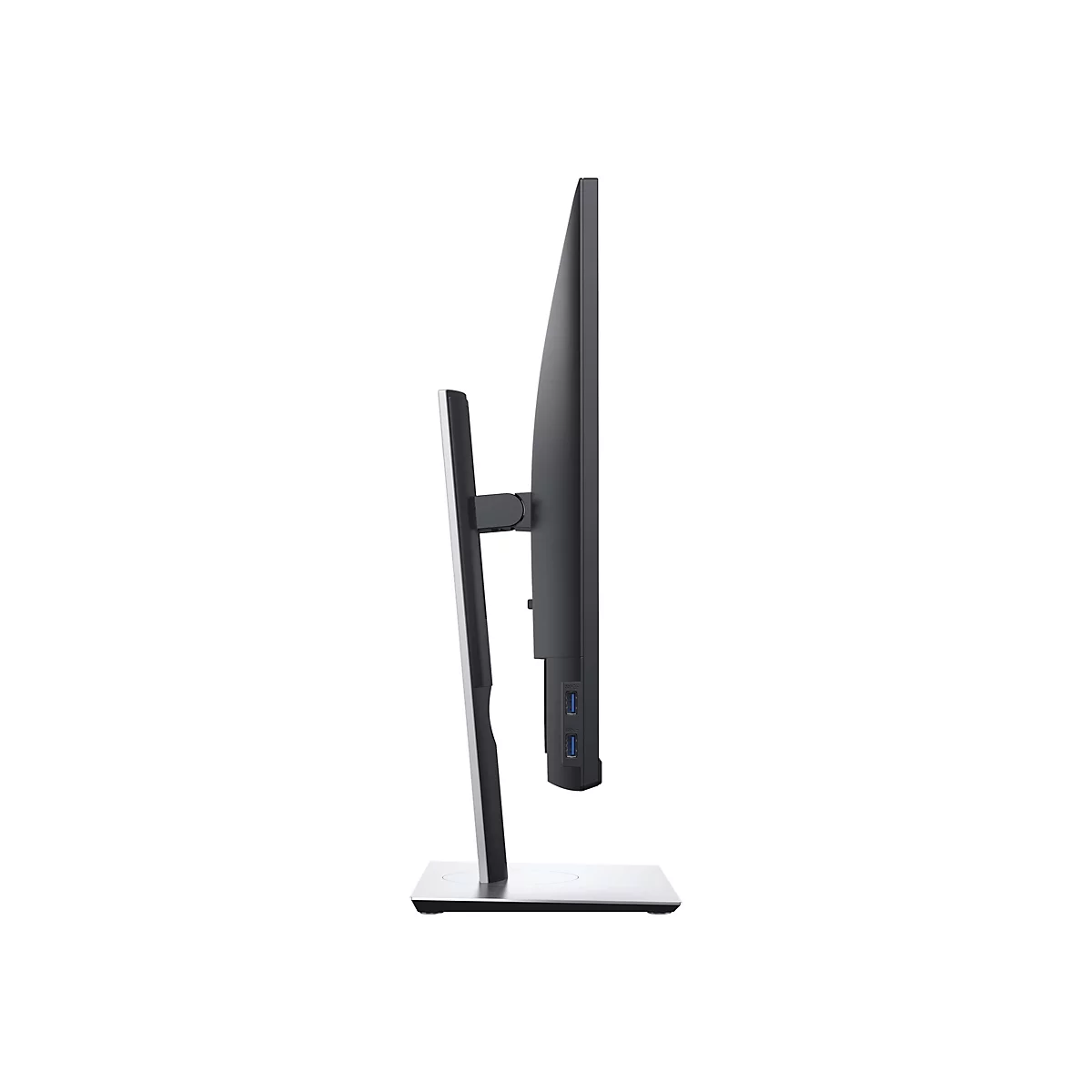 Seitenansicht eines schwarzen Monitors mit schlankem Design und silbernem StandfuÃŸ, vor weiÃŸem Hintergrund.