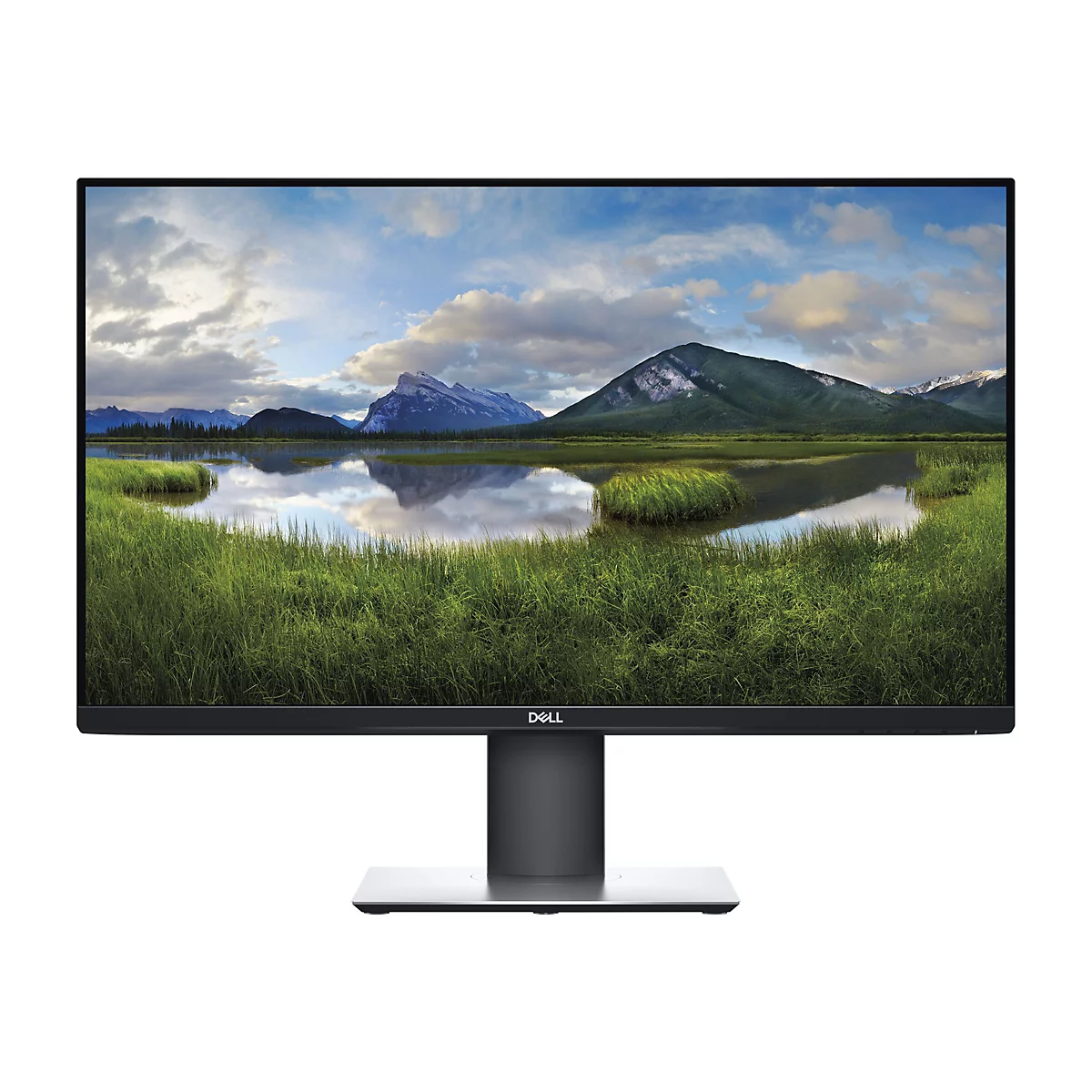 Dell Monitor mit schwarzem Rahmen, Landschaftsbildschirm. Aufschrift Dell.