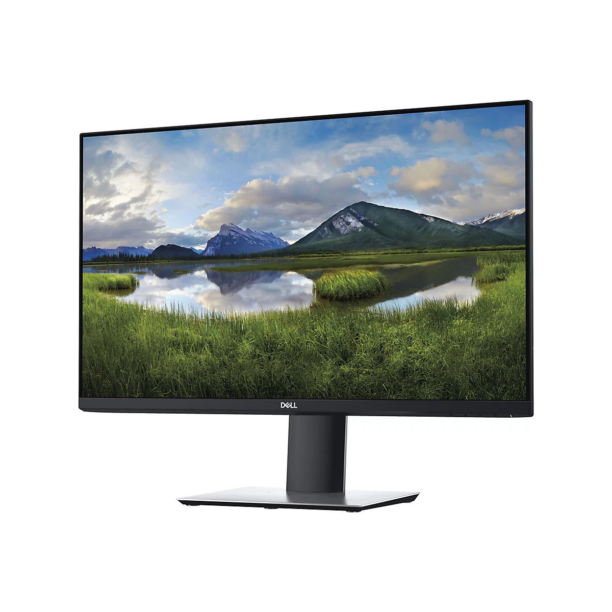 Schwarzer Dell-Monitor mit Landschaftsbild. Der Monitor steht auf einem schwarzen StÃ¤nder vor weiÃŸem Hintergrund.
