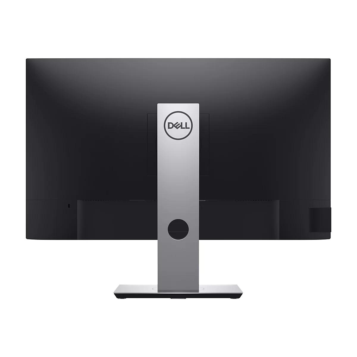 Der Dell Monitor wird von hinten gezeigt. Der Monitor hat einen schwarzen Bildschirm und einen silbernen StandfuÃŸ mit dem Dell Logo.
