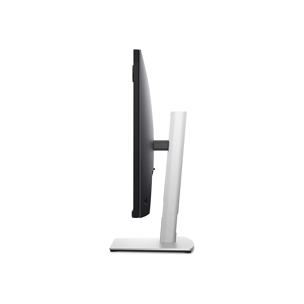 Vue latérale d'un moniteur noir avec un support blanc sur fond blanc.