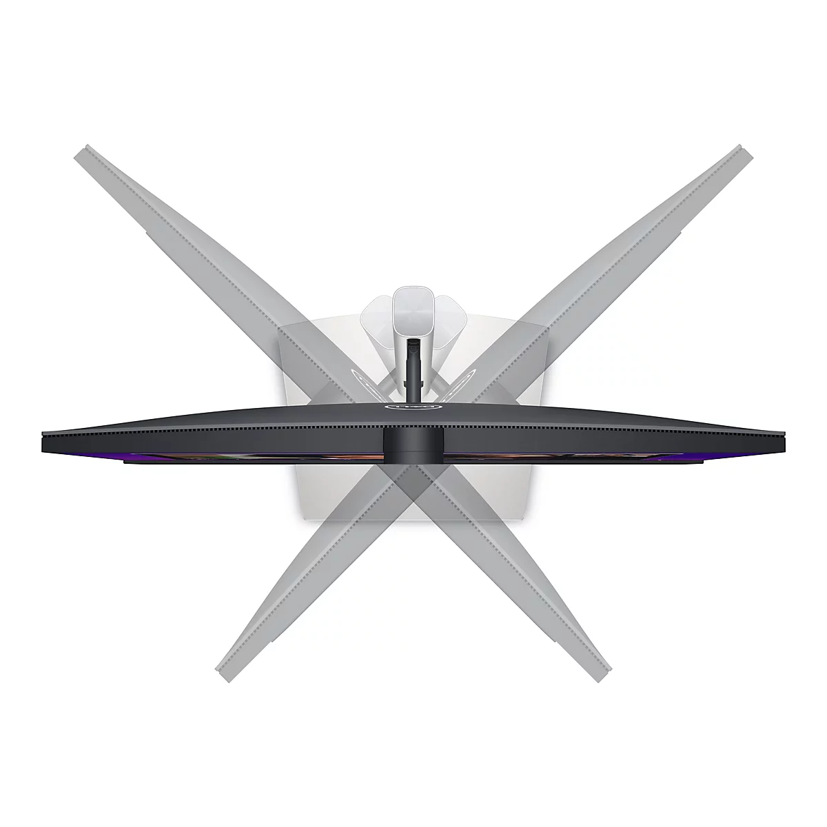 Vue de dessus d'un moniteur noir avec des pieds argentés élégants et un fond blanc. Le moniteur est légèrement incliné vers le haut.