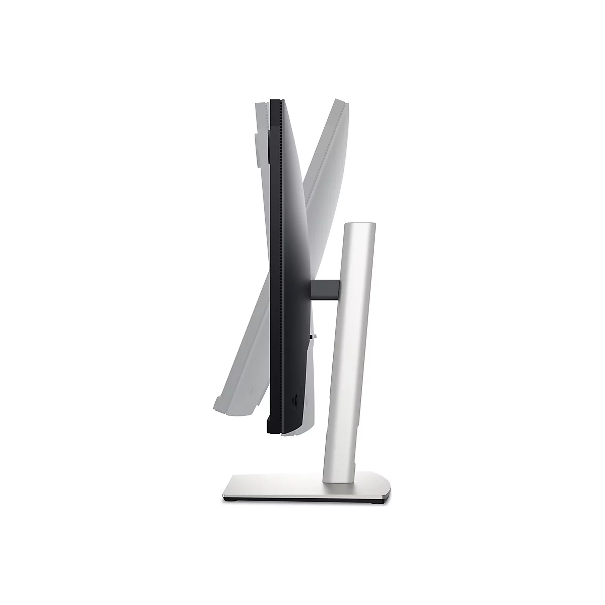 Vue latérale d'un moniteur noir élégant avec une base et un support argentés, sur fond blanc.