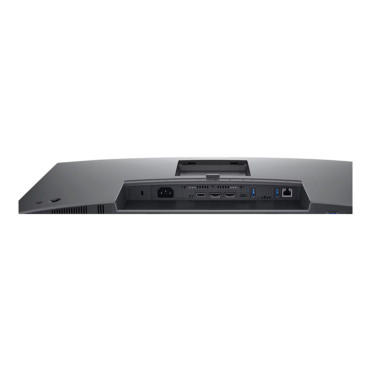 Rückseite eines grauen Monitors mit Anschlüssen für Strom, HDMI, USB und Ethernet.