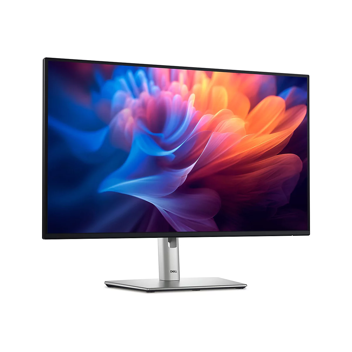 Ein Dell-Monitor vor weißem Hintergrund. Der Bildschirm zeigt ein abstraktes, farbenfrohes Design in Blau, Orange und Lila. Der Monitor steht auf einem silbernen Ständer mit Dell-Logo.