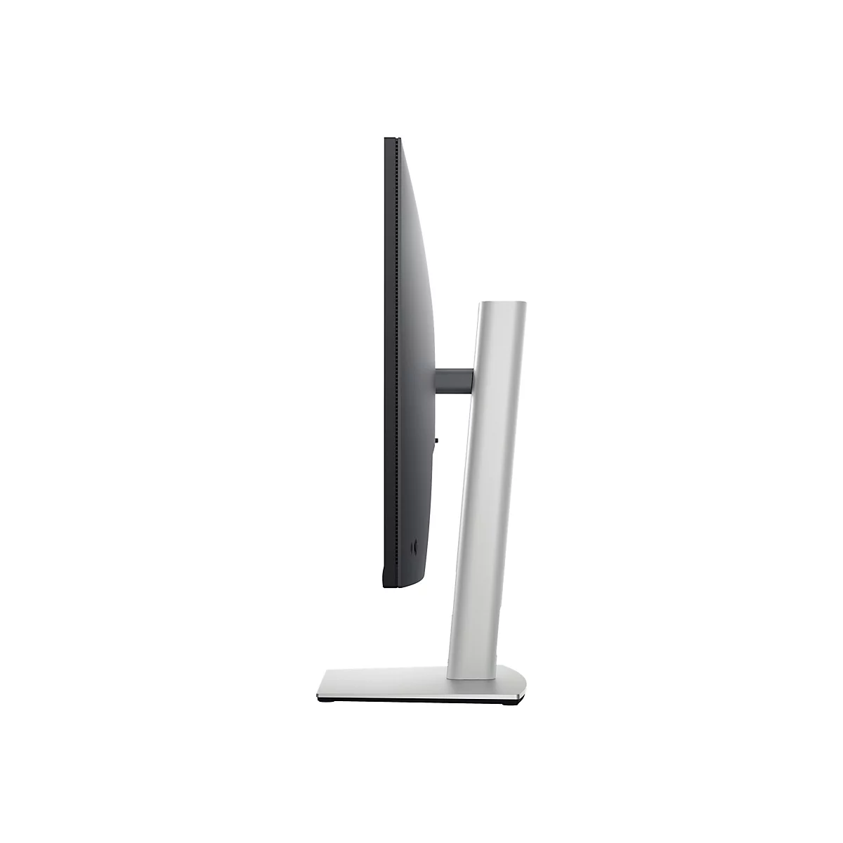 Seitenansicht eines schlanken, silbernen Monitors mit schmalem Rahmen. Der Monitor steht auf einem silbernen Standfuß.