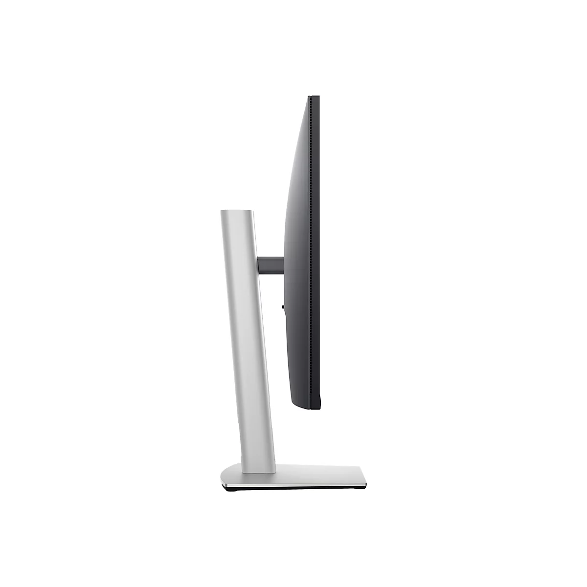 Seitenansicht eines schlanken, modernen Monitors auf weißem Hintergrund. Der Monitor hat eine dünne, schwarze Blende und einen silberfarbenen Ständer.