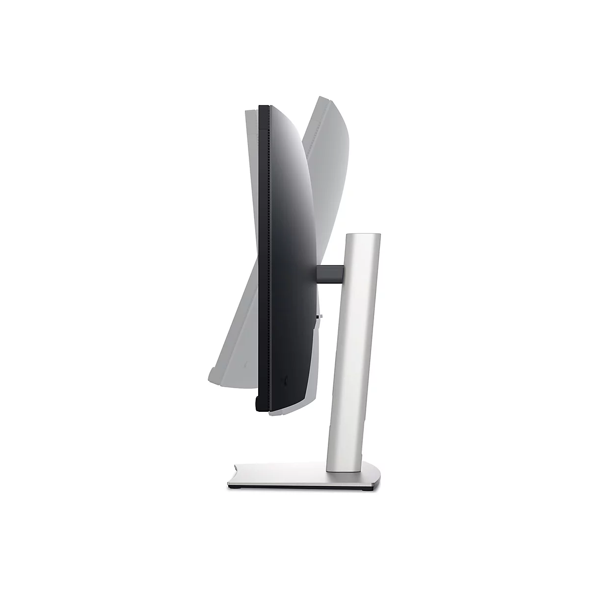 Vue latérale d'un moniteur argenté sur fond blanc, présenté dans différentes positions.