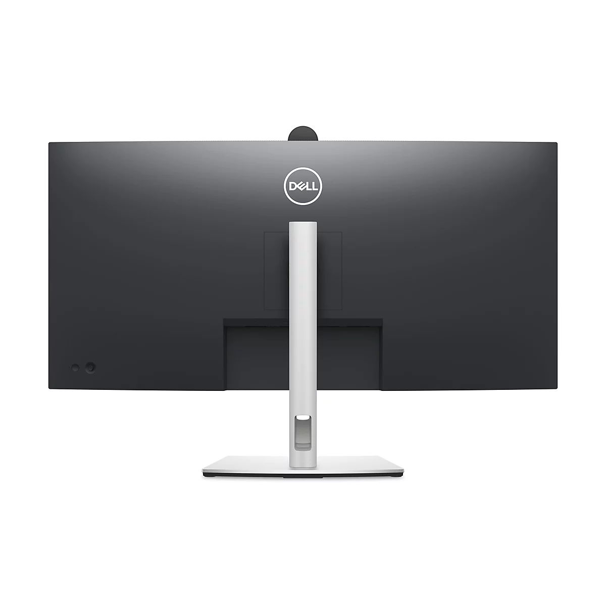 Rückansicht eines schwarzen Dell-Monitors mit weißem Ständer und Dell-Logo. Zwei Knöpfe sind unten links zu sehen.