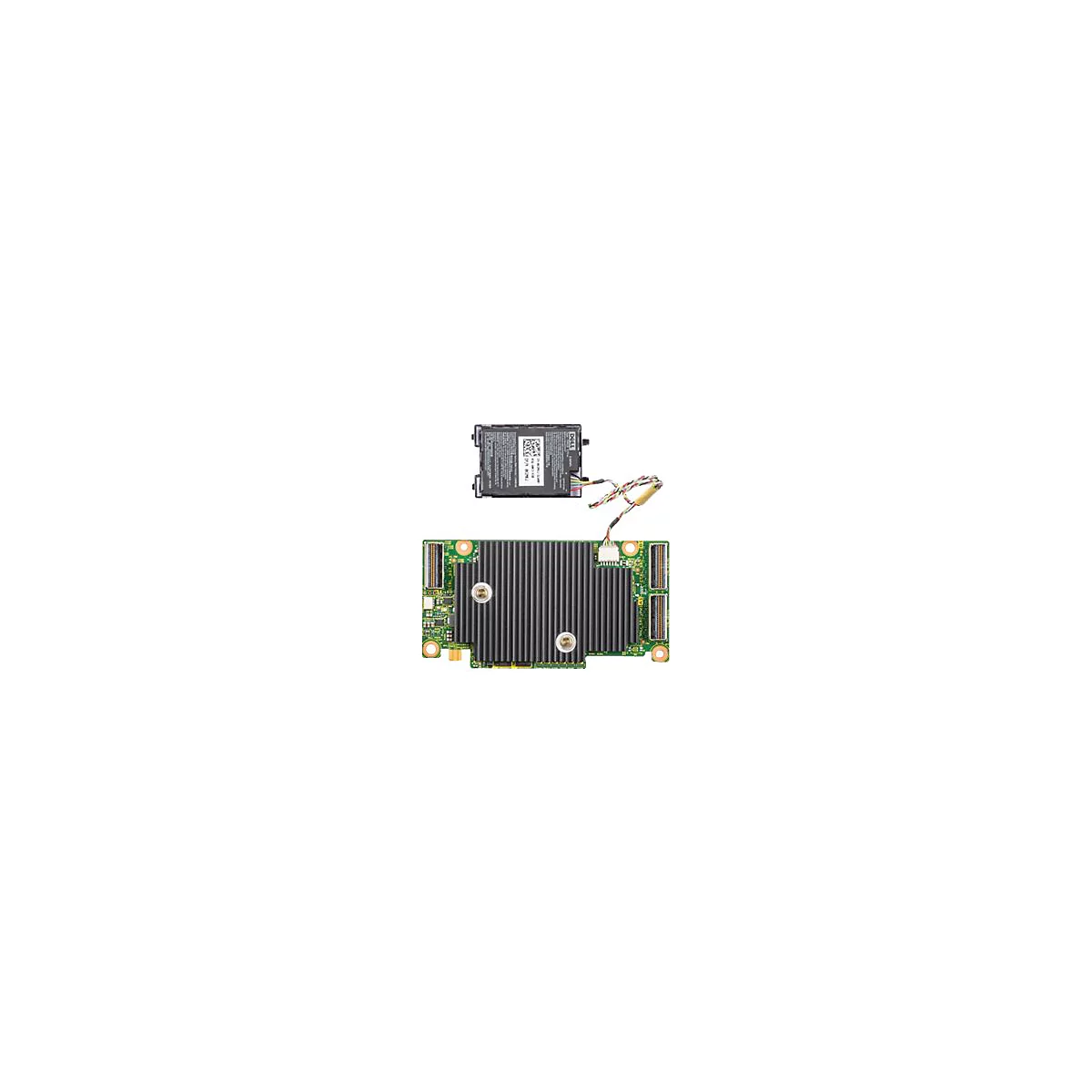 Eine grüne Computerplatine mit großem schwarzen Kühlkörper und einem per Kabel verbundenen Dell-Akku.