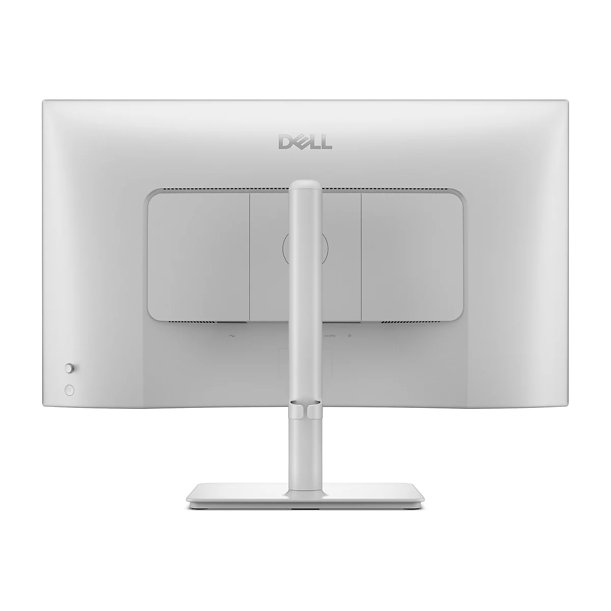 Rückseite eines weißen Dell Monitors mit Standfuß. Oberhalb der rechteckigen Aussparungen ist das Dell Logo zu sehen.