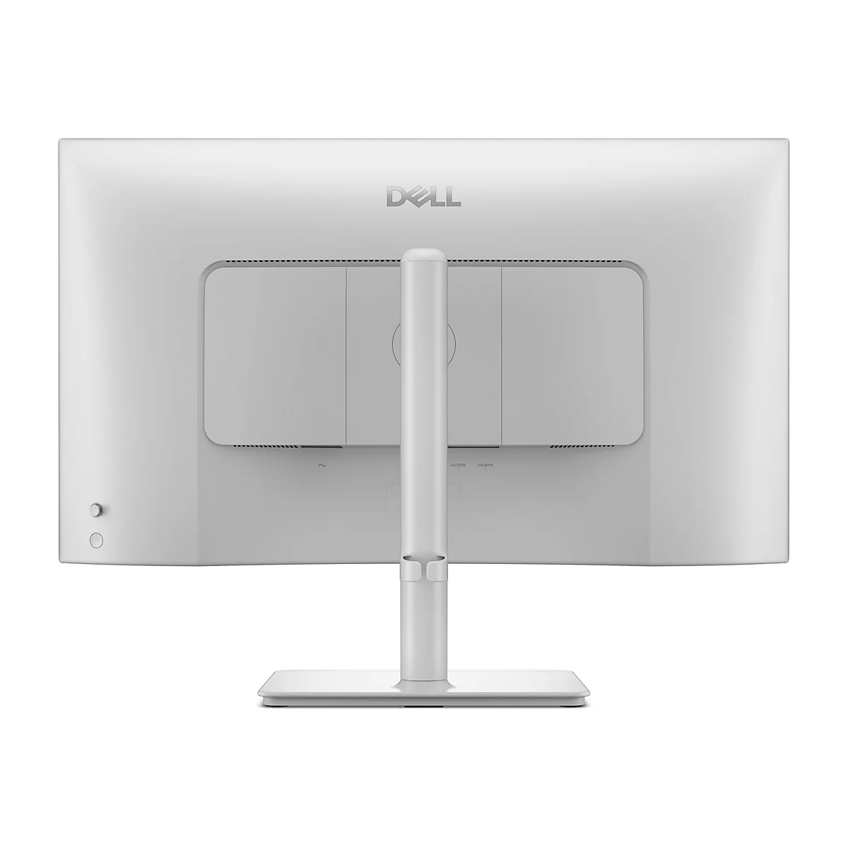 Rückseite eines weißen Dell-Monitors mit Standfuß. Oben steht das Dell-Logo.