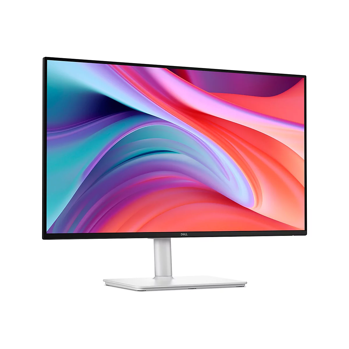 Dell Monitor mit schmalem Rahmen auf hellem Standfuß, zeigt abstrakte, geschwungene Farben in Rot und Blau.