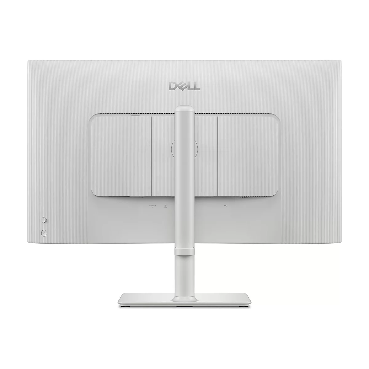 Rückseite eines weißen Dell Monitors. Das Dell-Logo ist oben zentriert. Anschlüsse und Halterung sind ebenfalls zu sehen.