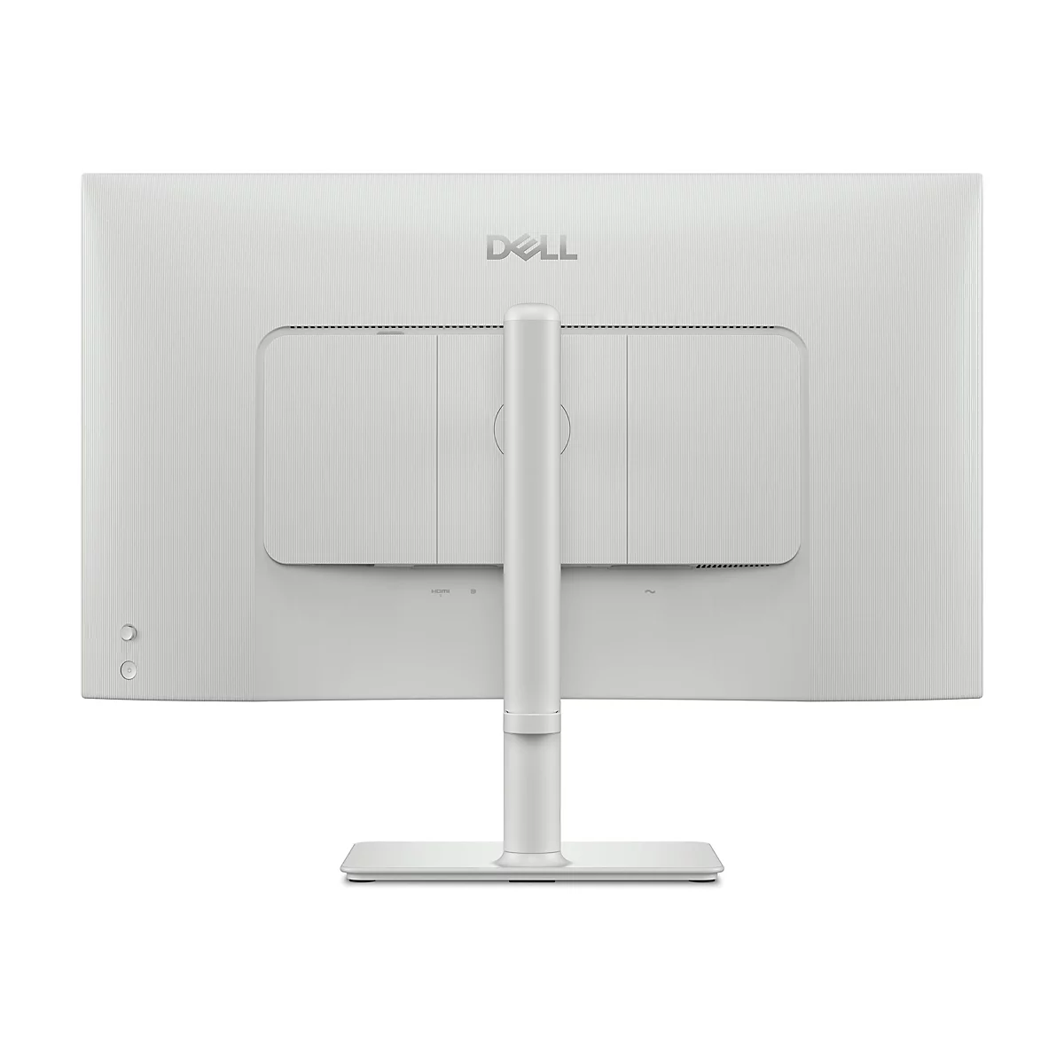 Rückseite eines weißen Dell-Monitors. Ein Standfuß ist zu sehen, das Logo steht oben.
