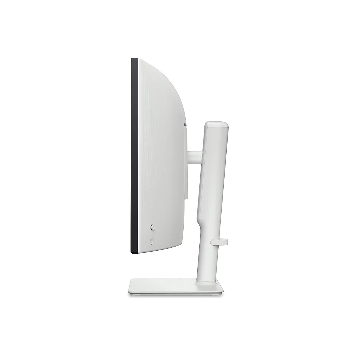 Seitenansicht eines weißen, gebogenen Monitors mit schwarzem Rahmen, Halterung und Standfuß.