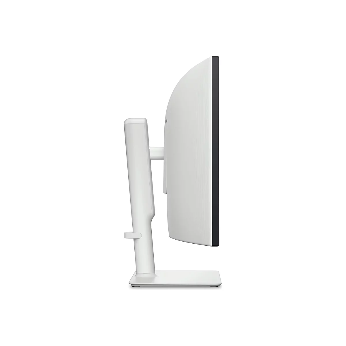 Seitenansicht eines weißen Monitors mit Standfuß. Schwarzer Rahmen, gebogene Form.