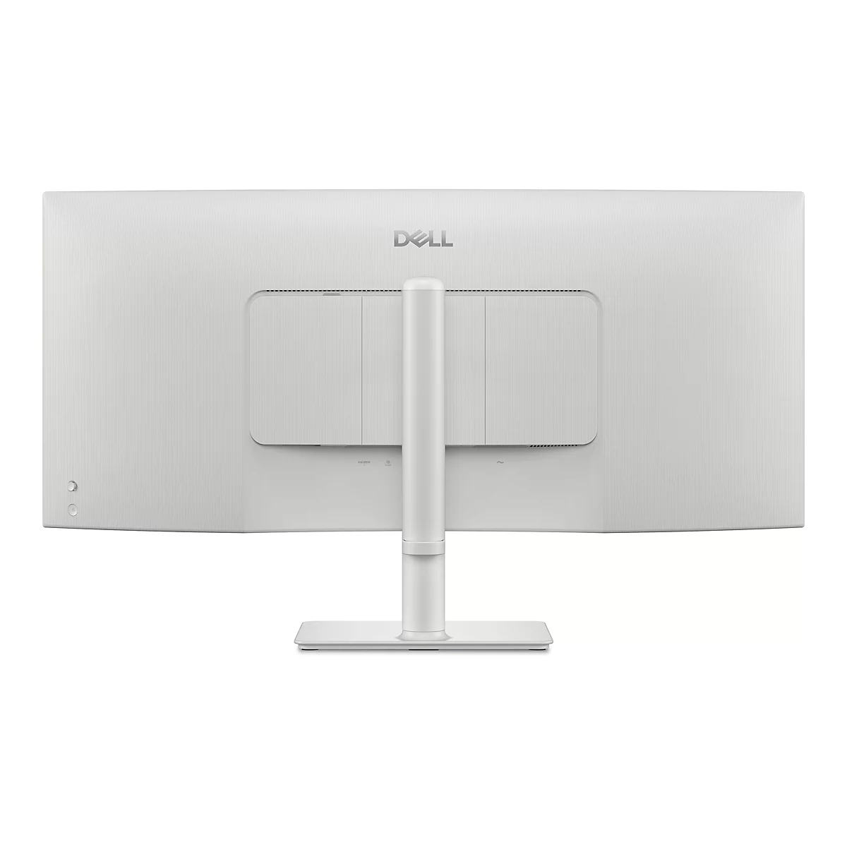Rückseite eines weißen Dell-Monitors, der auf einem weißen Hintergrund steht. Der Monitor hat abgerundete Ecken und einen zentralen Ständer.