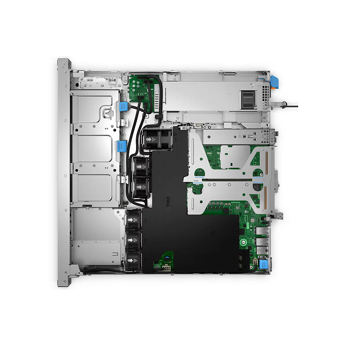 Draufsicht auf einen Server. Verschiedene interne Komponenten wie Leiterplatten, Lüfter und Festplattengehäuse sind sichtbar. Das Dell-Logo ist prominent auf einem schwarzen Element platziert.