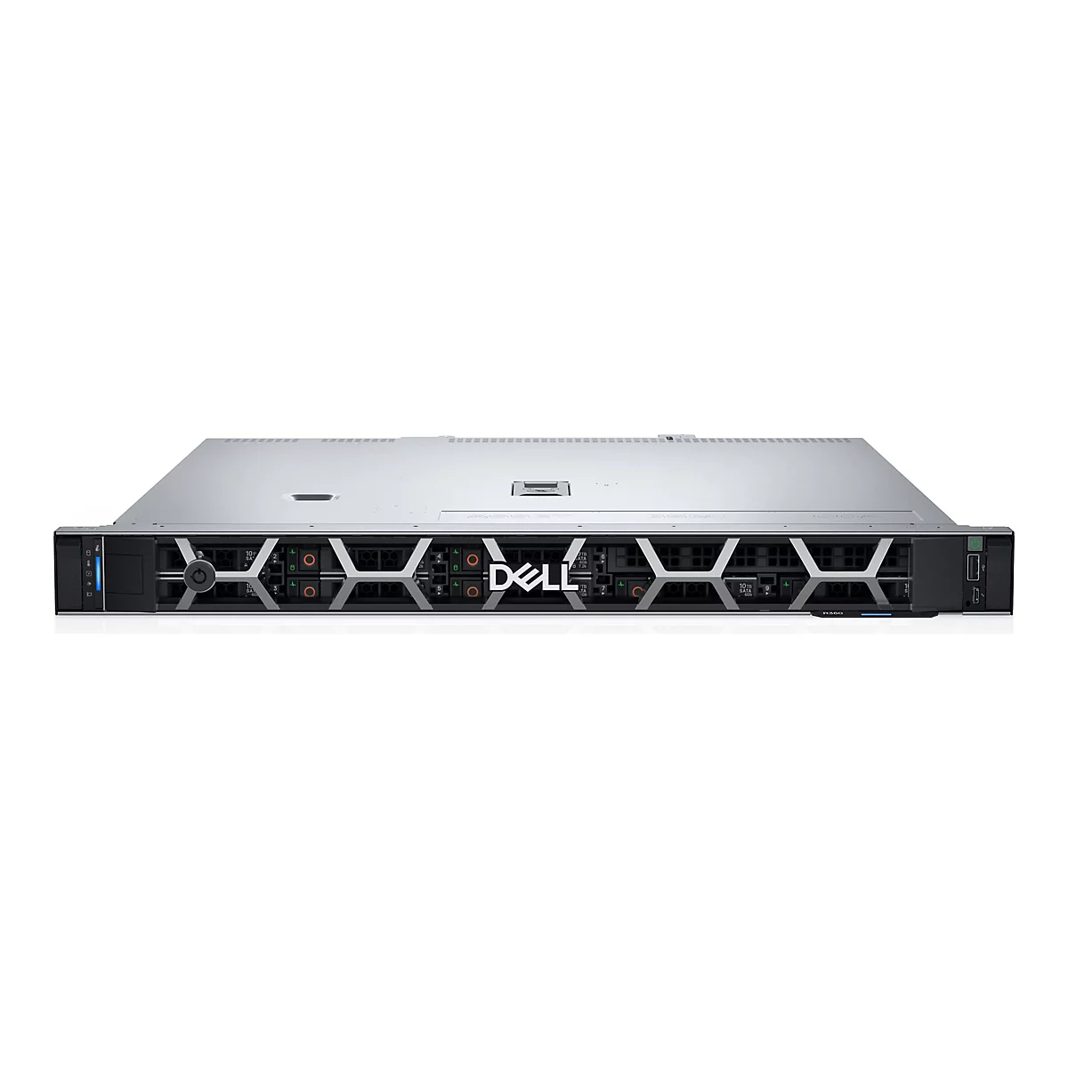 Silberfarbener Dell Rack-Server mit einer markanten wabenförmigen Frontblende und zentralem Dell-Logo.