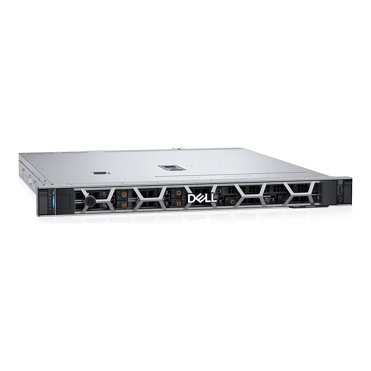 Silberner Dell PowerEdge R360 Rack-Server mit strukturierter Frontblende und Einschüben für Festplatten.