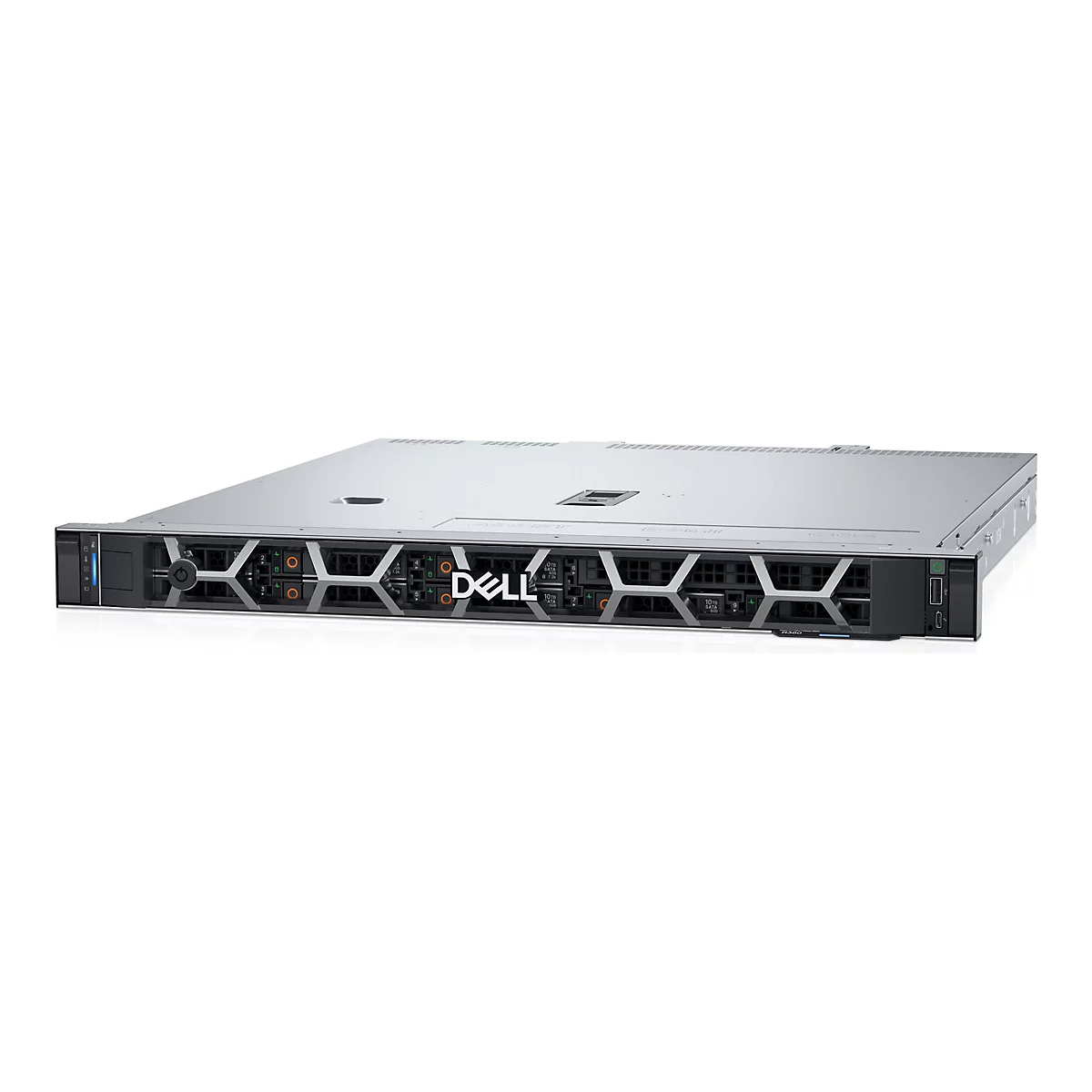 Dell PowerEdge R360 Rack-Server in silbernem Gehäuse mit markantem Wabengitter vor weißem Hintergrund.