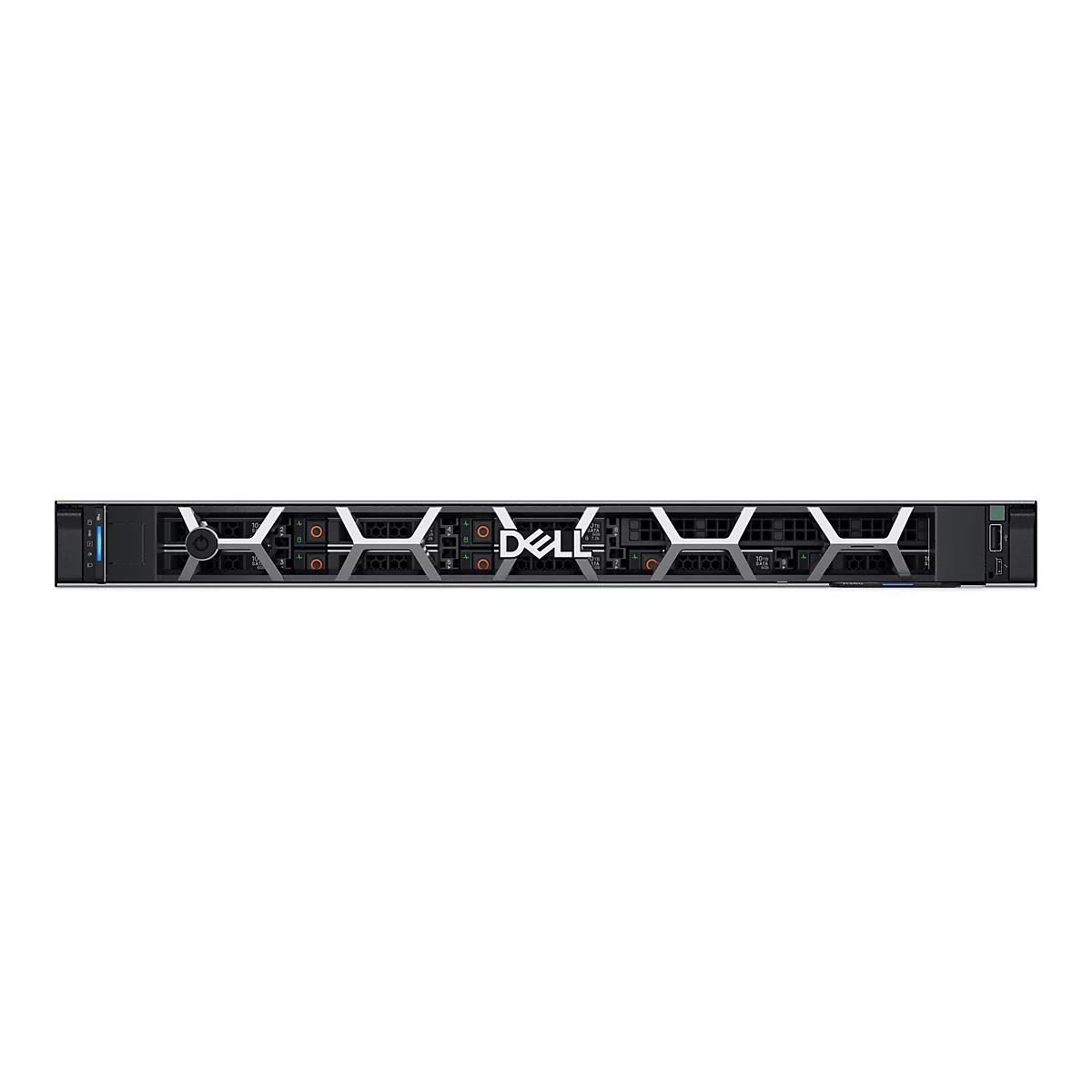 Vorderansicht eines Dell Rack-Servers mit silbernem Gittermuster und mittigem Dell-Logo auf schwarzem Hintergrund.