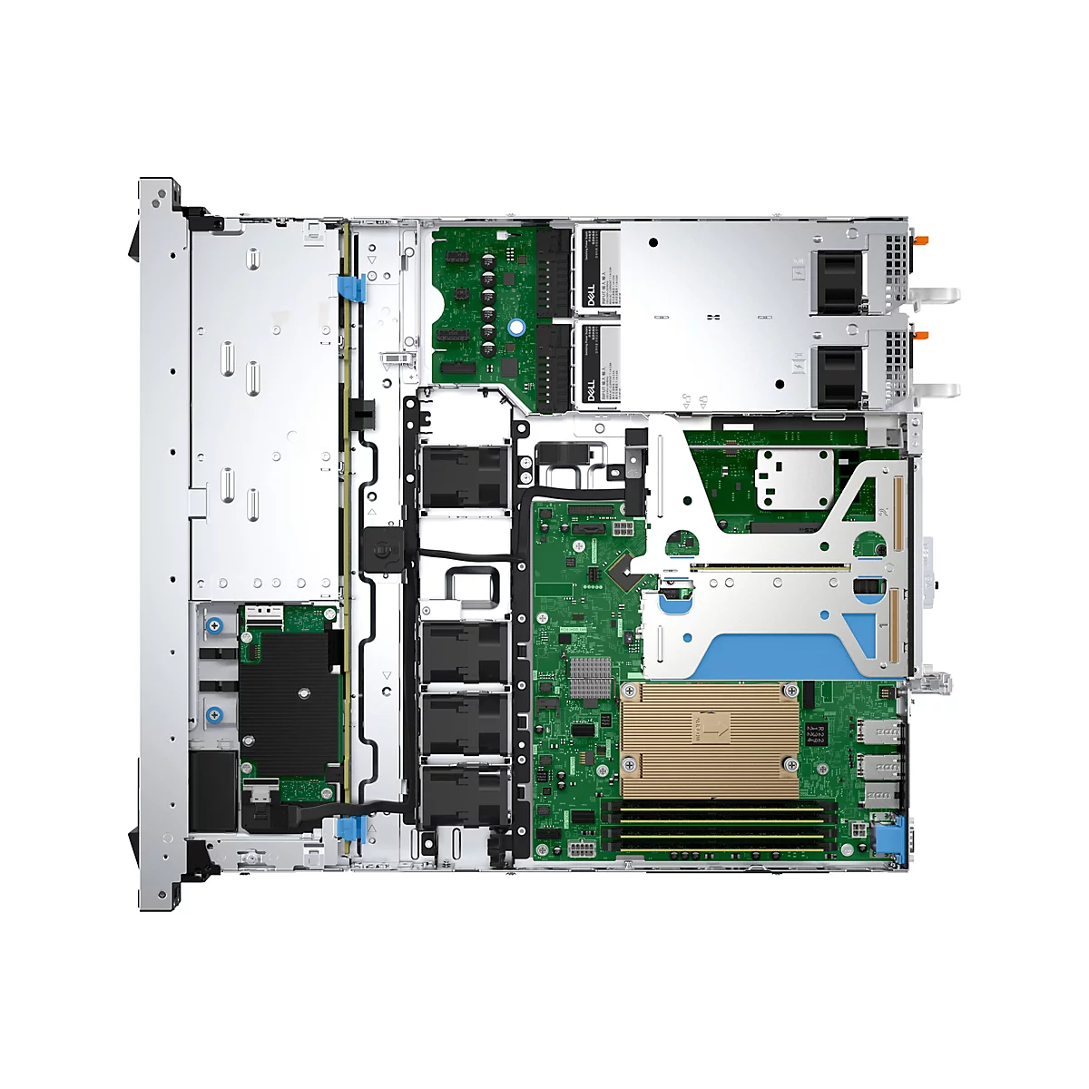 Draufsicht auf ein Server-Rack mit geöffnetem Gehäuse. Verschiedene Leiterplatten und Komponenten sind sichtbar, darunter Kühlkörper, Festplatten, Stromversorgungen und Steckkarten.