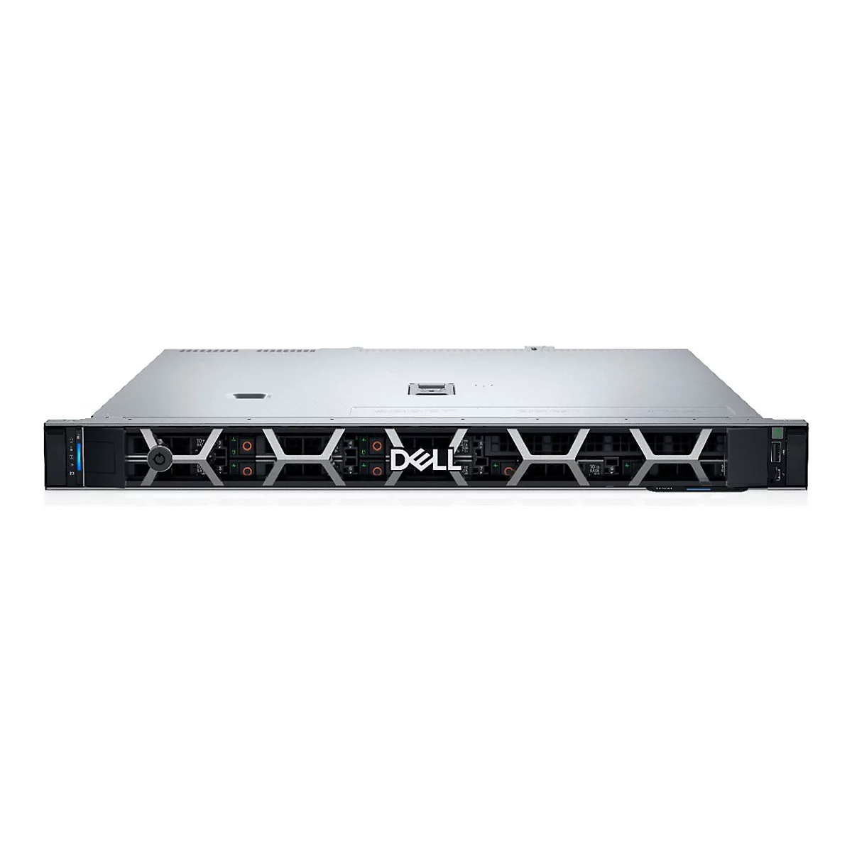 Ein grauer Server, Frontansicht, mit Dell-Logo. Das Gerät hat ein geometrisches Design mit Belüftungsschlitzen.