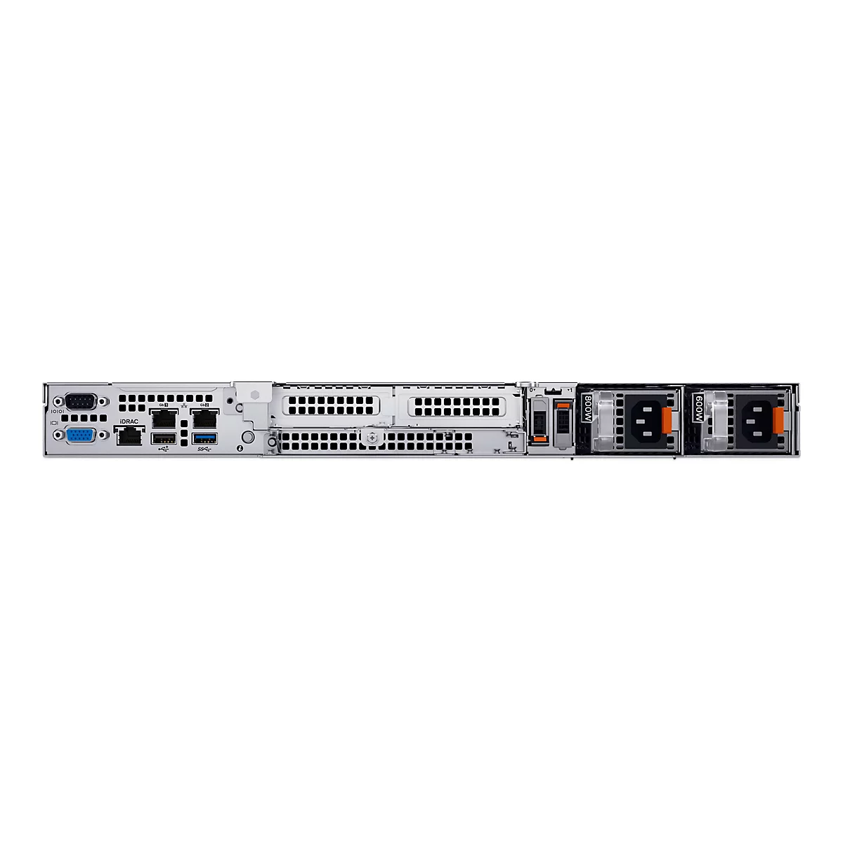 Rückansicht eines silberfarbenen Servers mit Anschlüssen, Lüftungsschlitzen und Netzteilen. Aufschrift "600W".