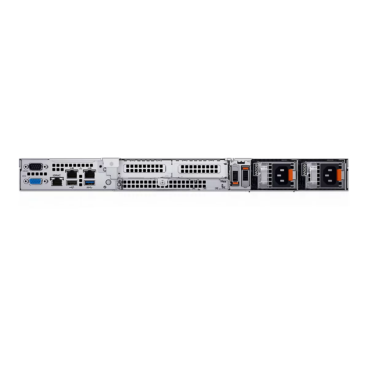 Rückseite eines Servers, mit Anschlüssen, Stromanschlüssen und Lüftern. Aufschrift: iDRAC, 800W, 600W.