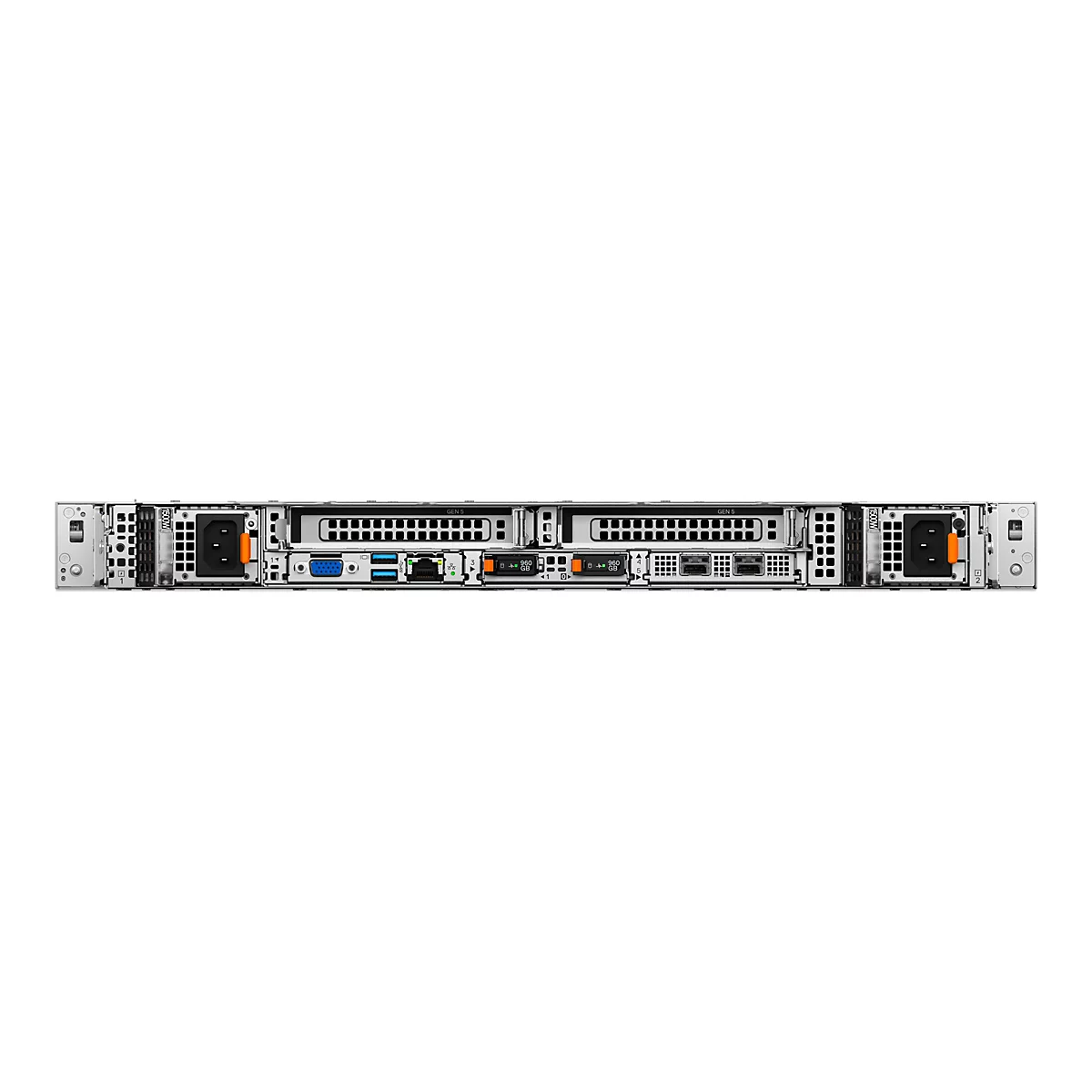 Rückseite eines silbernen Servers mit Anschlüssen, zwei Netzteilen und zwei 960 GB Speichermodulen.