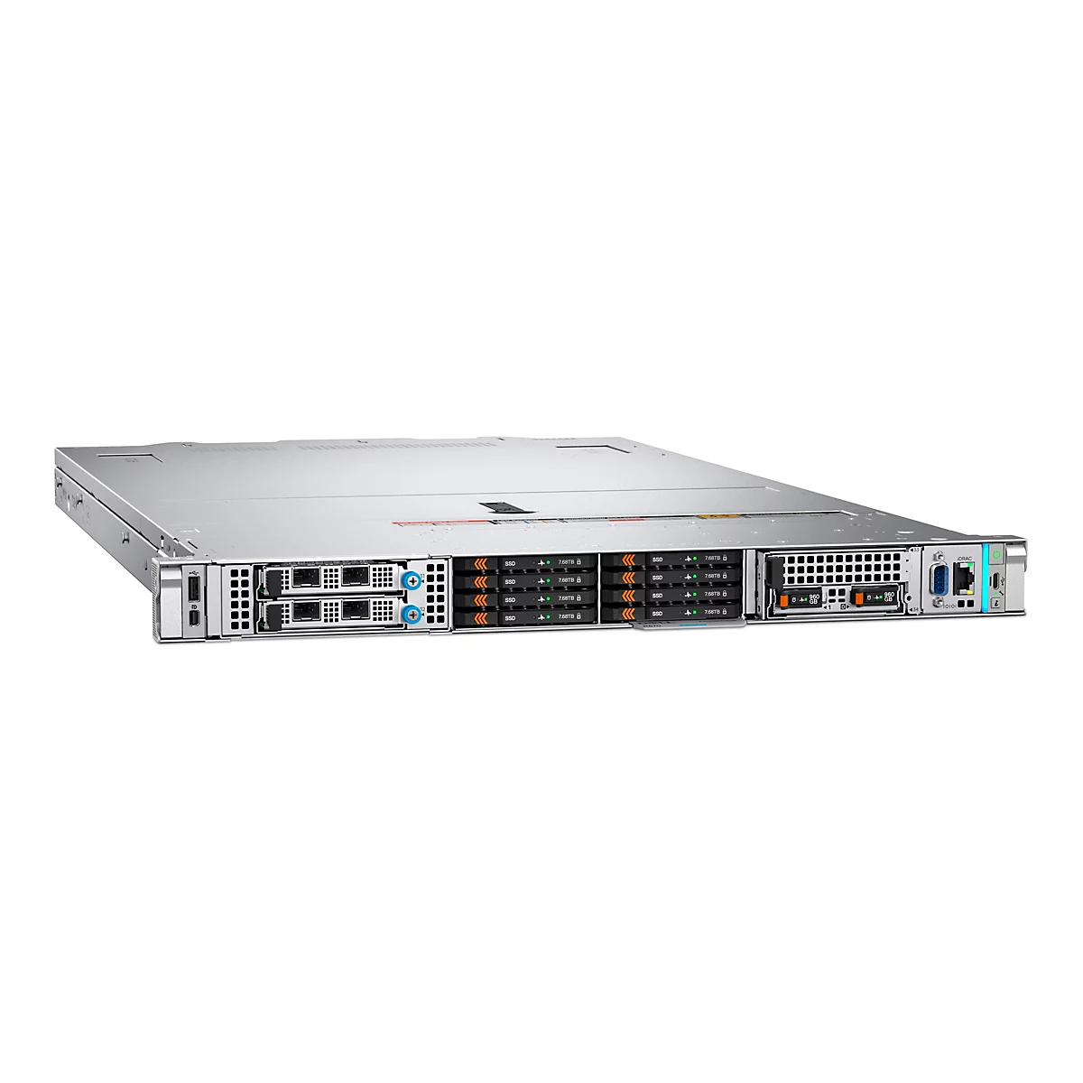 Dell PowerEdge R670 Rack-Server in silbernem Gehäuse mit sichtbaren Laufwerkseinschüben und Anschlüssen.