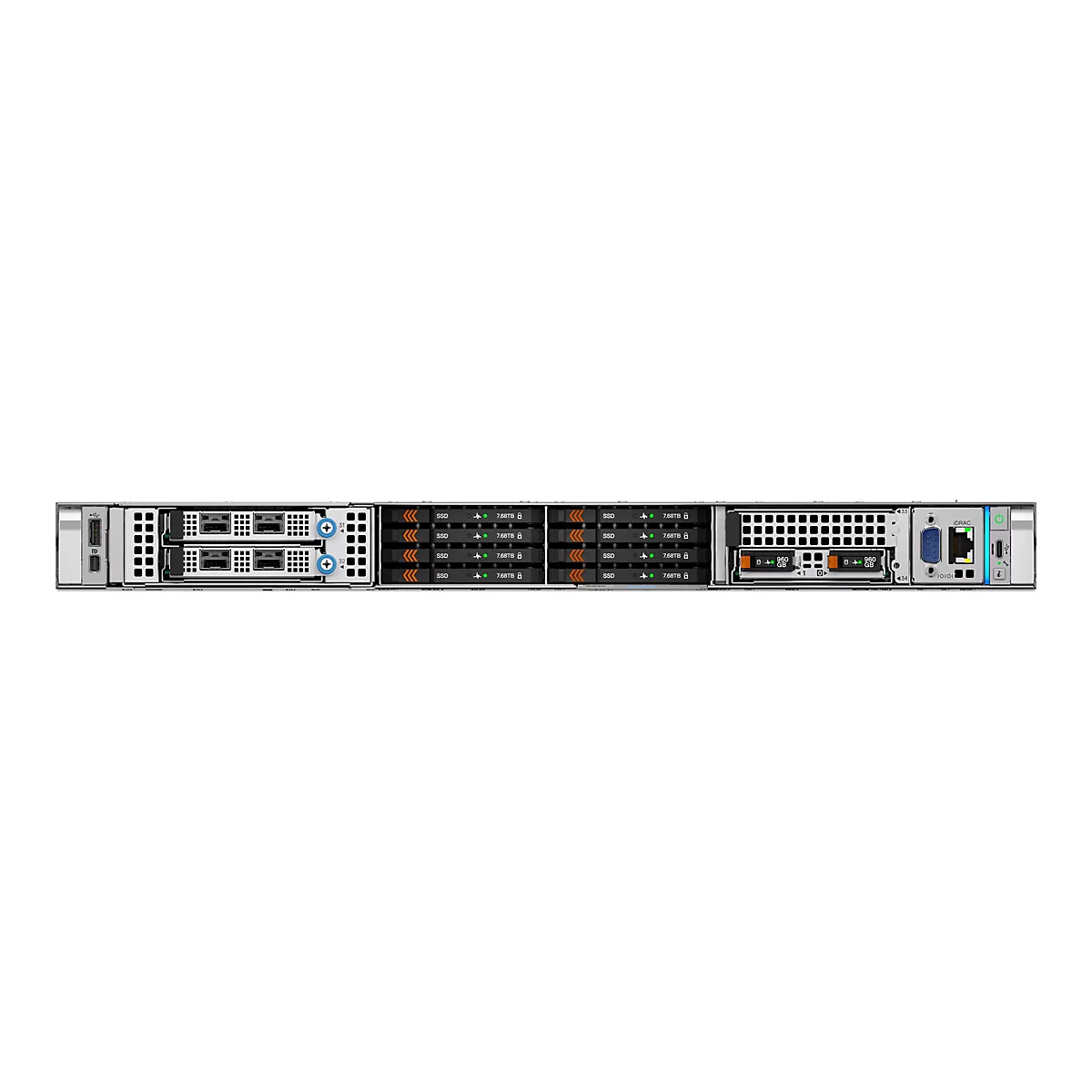 Frontansicht eines Rack-Servers mit mehreren installierten SSD-Laufwerken und verschiedenen Anschlüssen.
