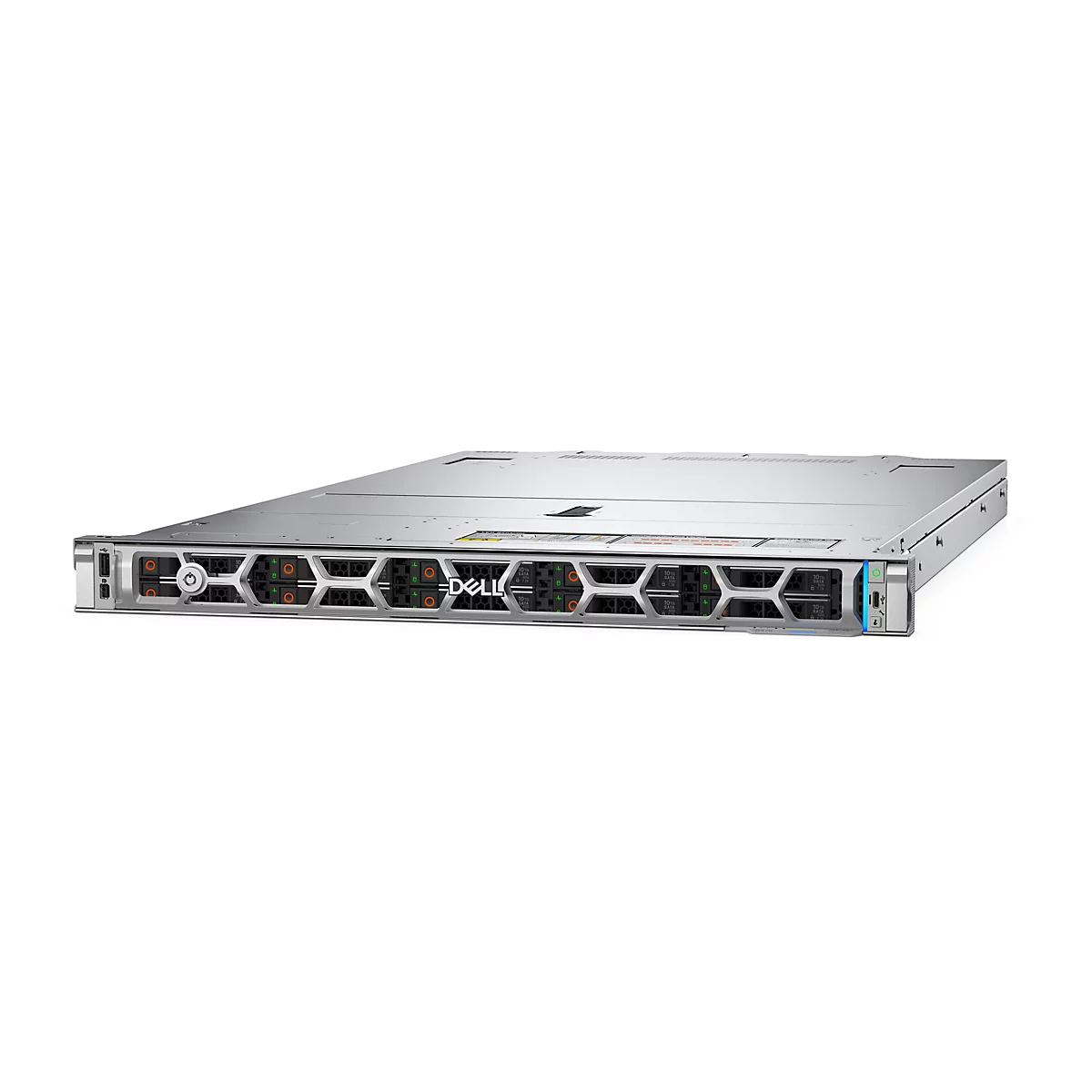 Silberner Dell Rack-Server in Frontansicht mit sichtbaren Festplatteneinschüben vor weißem Hintergrund.
