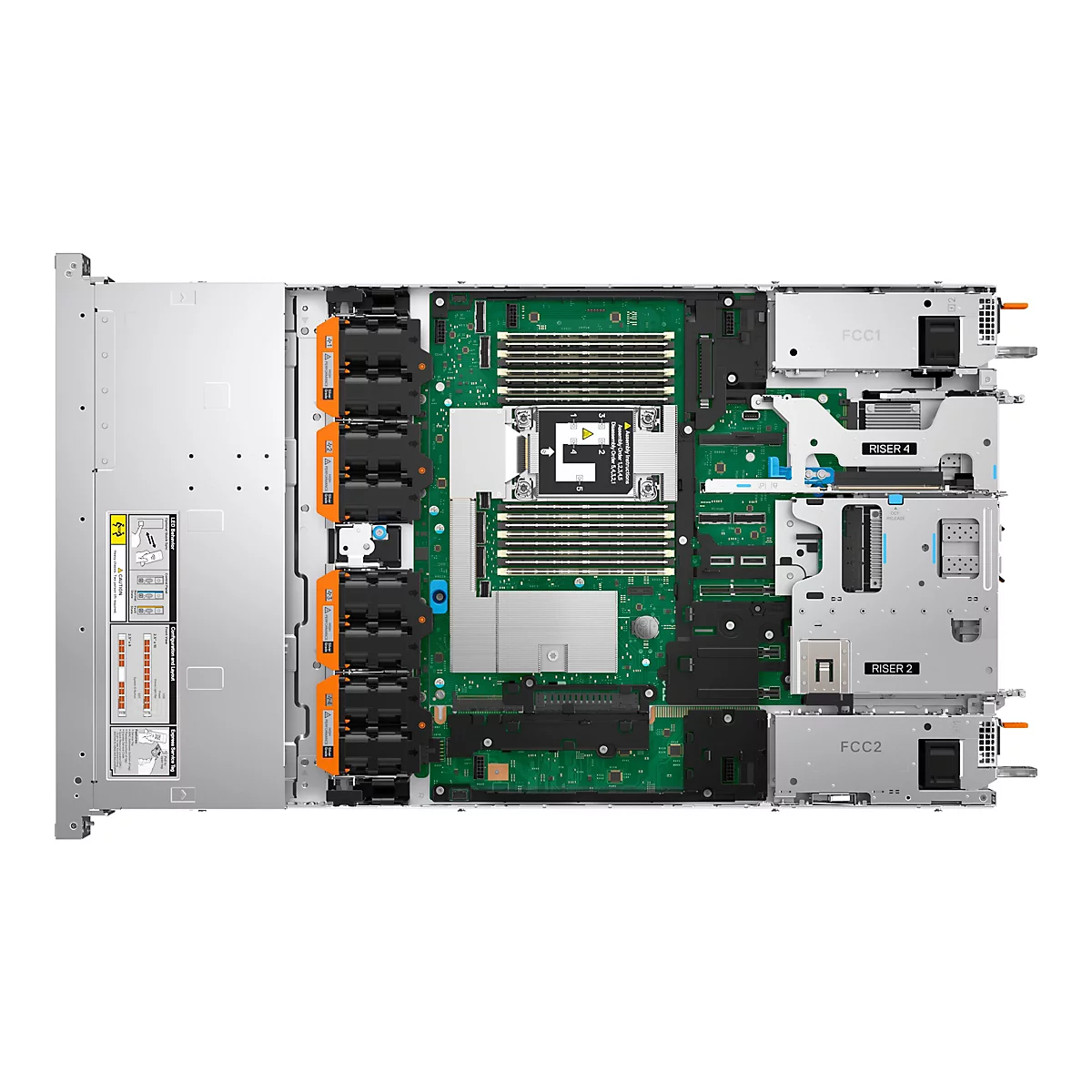 Draufsicht auf das offene Gehäuse eines Servers mit sichtbarem Mainboard, Arbeitsspeicher, Prozessorkühlern und Riser-Karten.