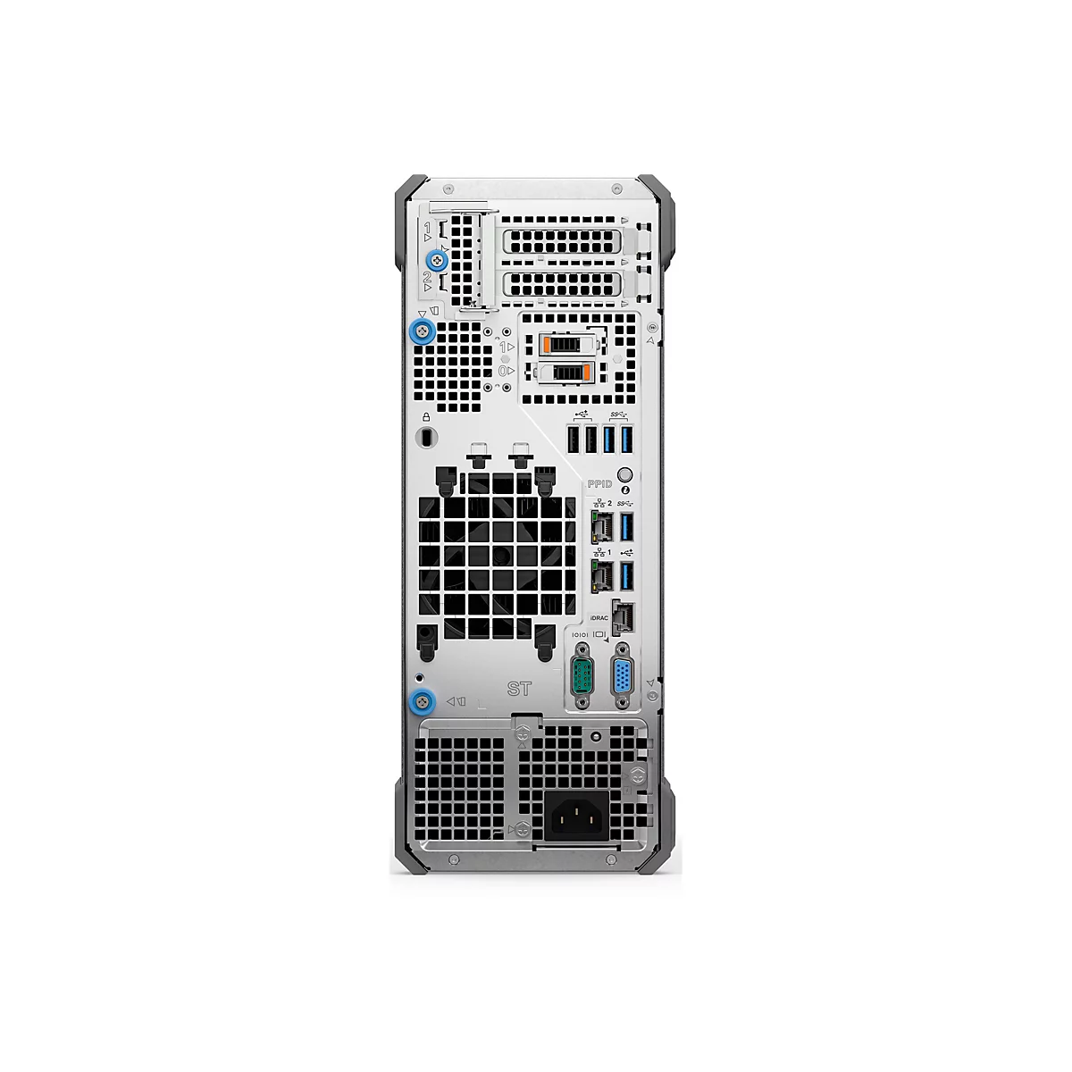Rückseite eines silbernen Computers. Es sind verschiedene Anschlüsse, Lüftungsschlitze und Schrauben zu sehen.